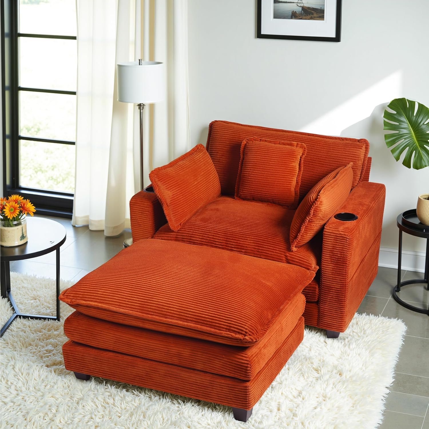 Corduroy Oversized Chair with Ottoman - 44" W Large Comfy Accent Chair and Ottoman Set, Modern Single Sofa Armchair with USB Port & Cup Holders, Cloud Chaise Lounge for Living Room(Orange Red)