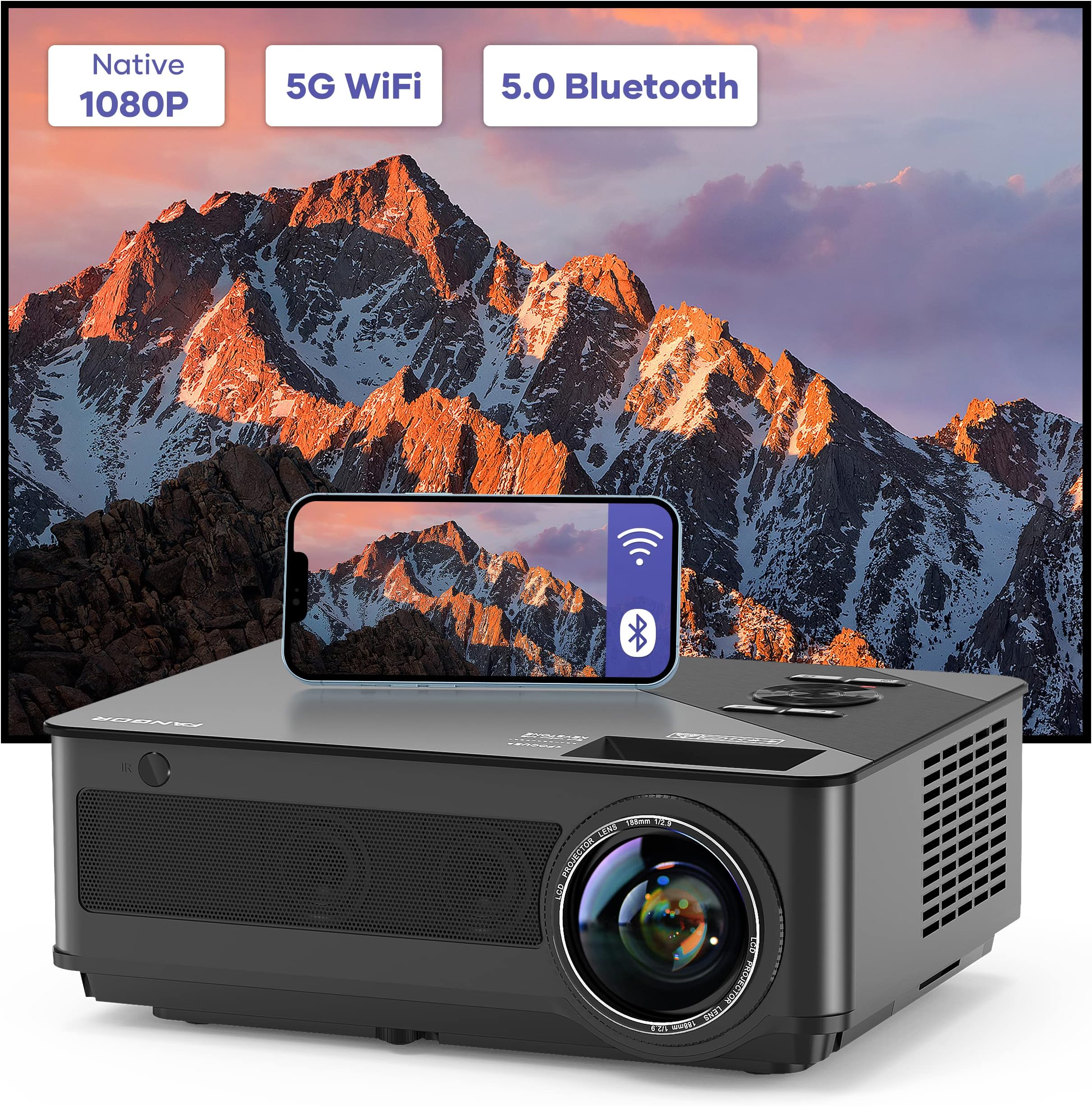 5G WiFi Bluetooth Projector - 9500L 1080P Native HD Projector Support 4K, Fangor 300'' Big Screen Home Outdoor Projector, Portable TV Projector Compatible with Android/iOS Phone/HDMI/USB/PC/PS4/DVD