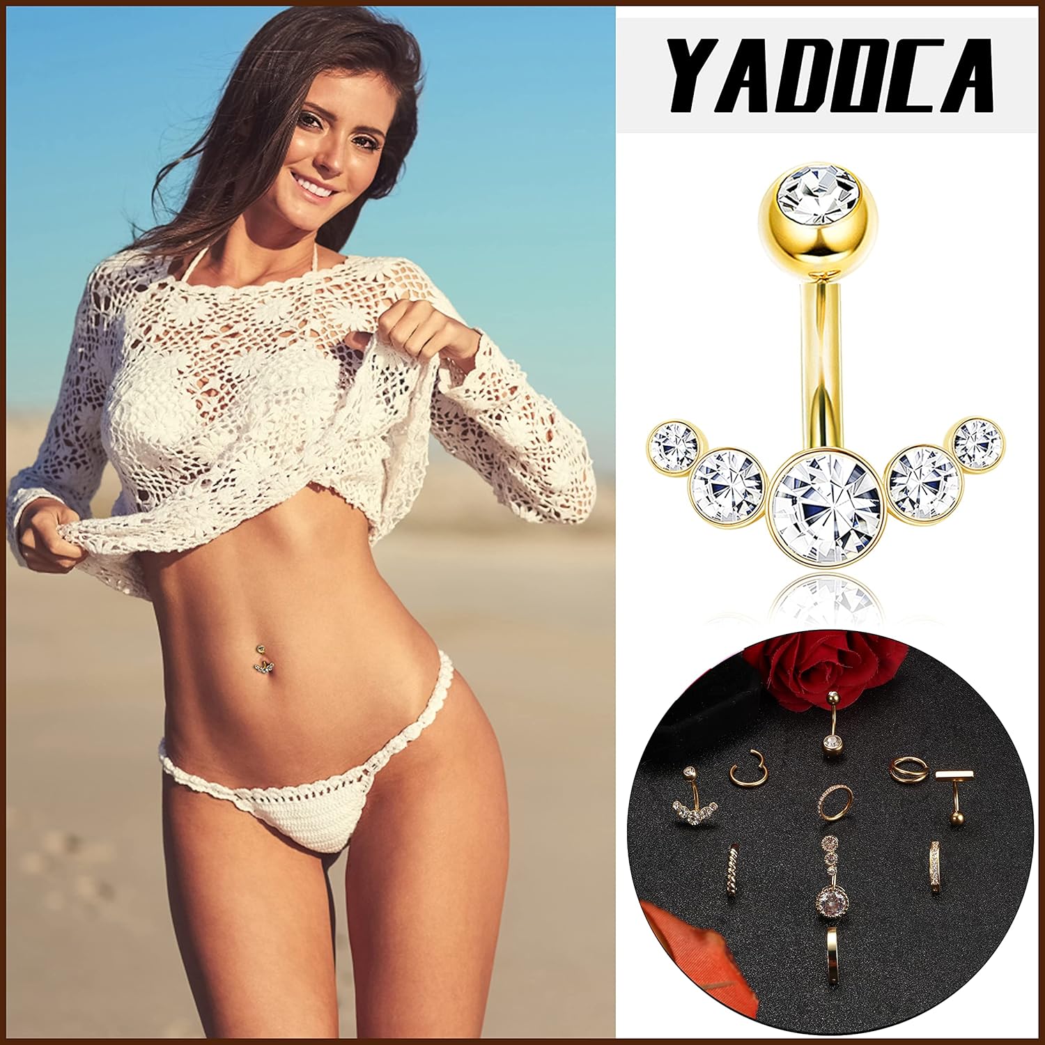 YADOCA 10Pcs Clicker Belly Button Ring for Women Surgical Steel CZ Belly Rings Simple Bar Reverse Curved Navel Rings Hoop Clicker Segment Belly Barbell Piercing Jewelry Gold Silver Rose Gold Tone 14G - Image 3