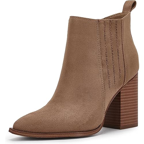 Womens Pointed Toe Slip on Ankle Booties Stacked Mid Block Heel Shoes Faux Leather Boots