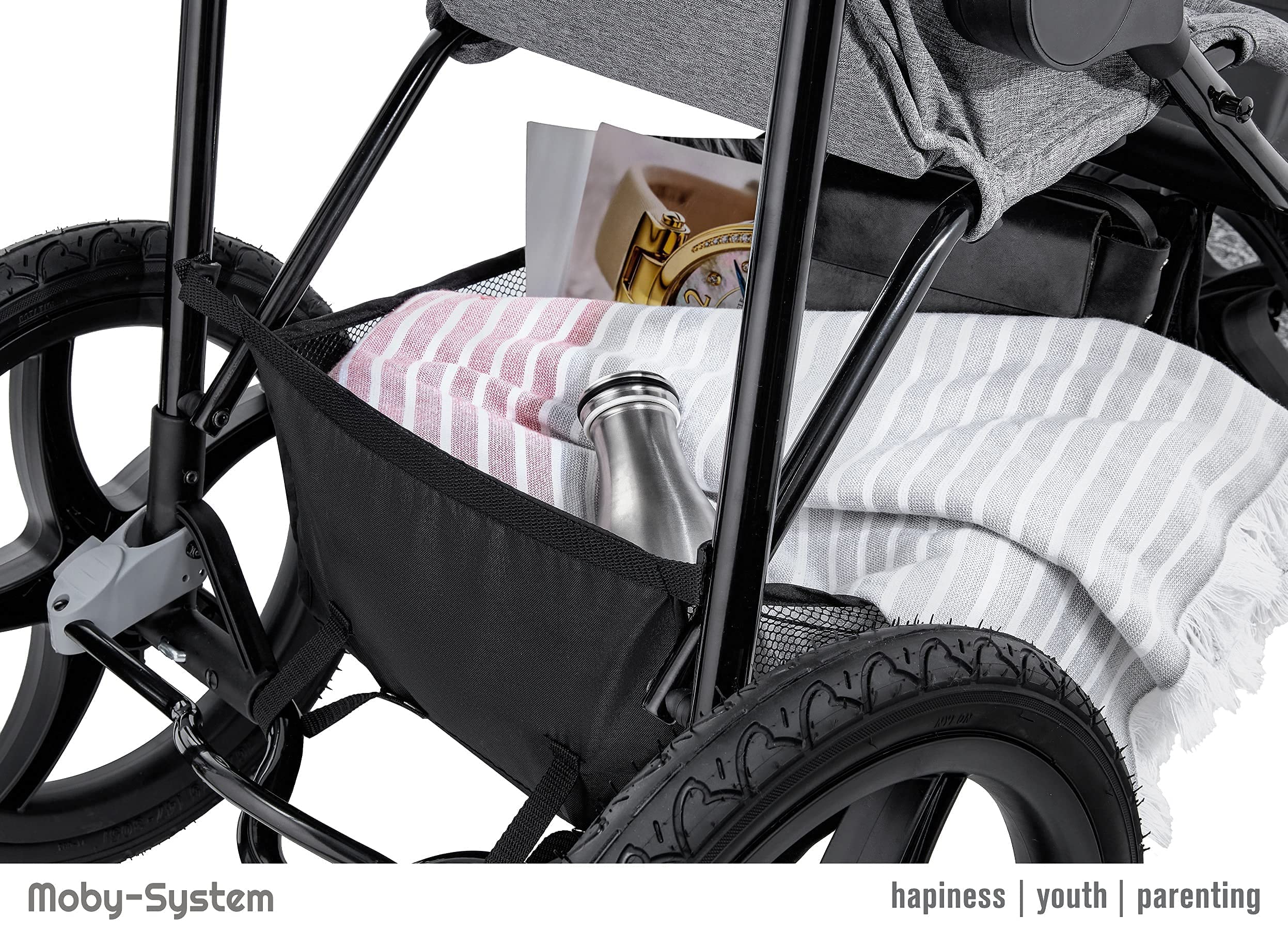 Moby-System Runner Mountain Dreirad-Kinderwagen mit Regenschutz, 5-Punkt-Gurt, Reflektoren - Kinderwagen Zubehör für Kinder bis 15 kg, Grau - Leicht Zusammenklappbar