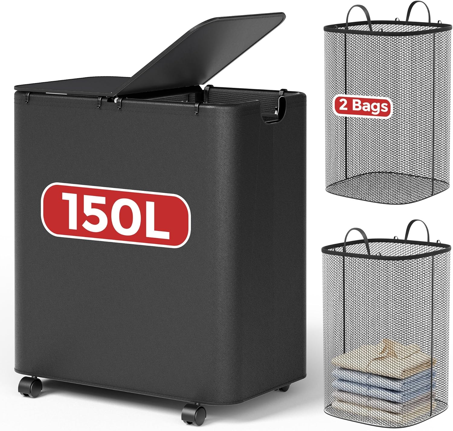 LAMU 150L Double Laundry Hamper with Lid, Rolling Laundry Basket with Wheels and 2 Removable Laundry Bag, Large Capacity 2 Section Dirty Clothes Hampers for Laundry Room, Bedroom, Bathroom, Dorm Black