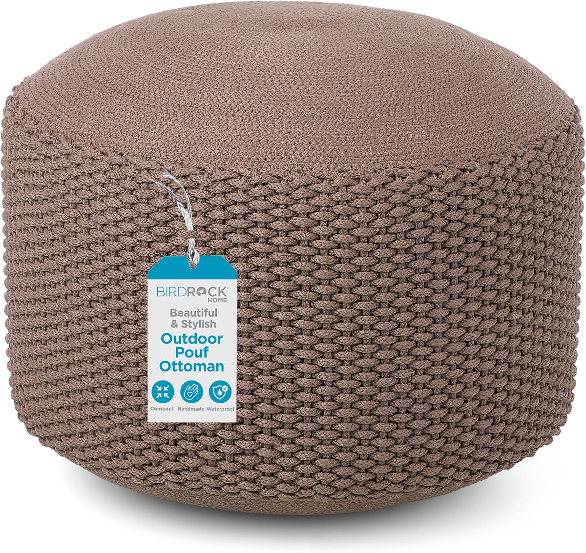 Outdoor Pouf Ottoman | Hand Woven Waterproof Foot Stool with Bead Bag Filling | Boho Foot Rest for Patio, Living Room, Porch & Outdoor Seating | Lightweight, Soft Stuffed Chair | Brown | Woven Floor Footstool for Living Room, Backyard, Patio, Nursery, or Bedroom Decor - Knit Bean Bag Moroccan Foot Rest