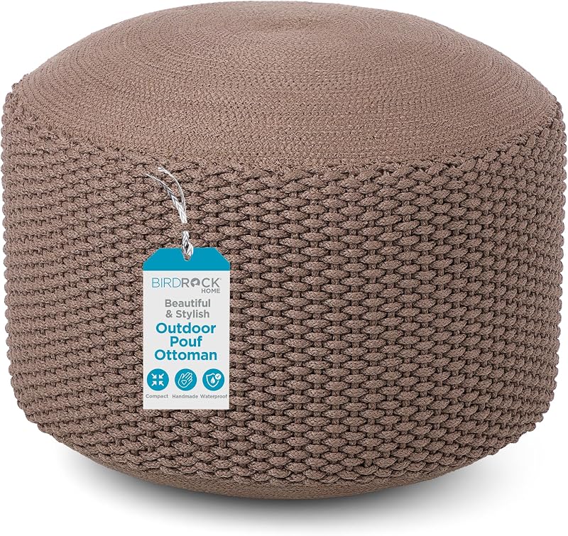 Outdoor Pouf Ottoman | Hand Woven Waterproof Foot Stool with Bead Bag Filling | Boho Foot Rest for Patio, Living Room, Porch & Outdoor Seating | Lightweight, Soft Stuffed Chair | Brown | Woven Floor Footstool for Living Room, Backyard, Patio, Nursery, or Bedroom Decor - Knit Bean Bag Moroccan Foot Rest