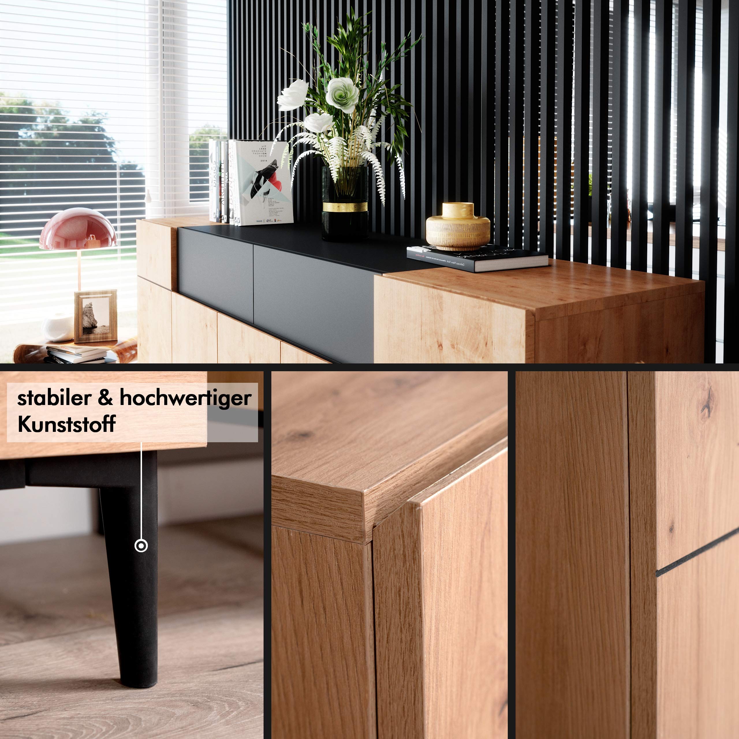Newfurn Sideboard Wildeiche Schwarz grifflos Kommode Wohnzimmer | zweifarbige Holzoptik, konische Metallbeine, Klappen und Türen, Highboard Anrichte, für Flur und Esszimmer