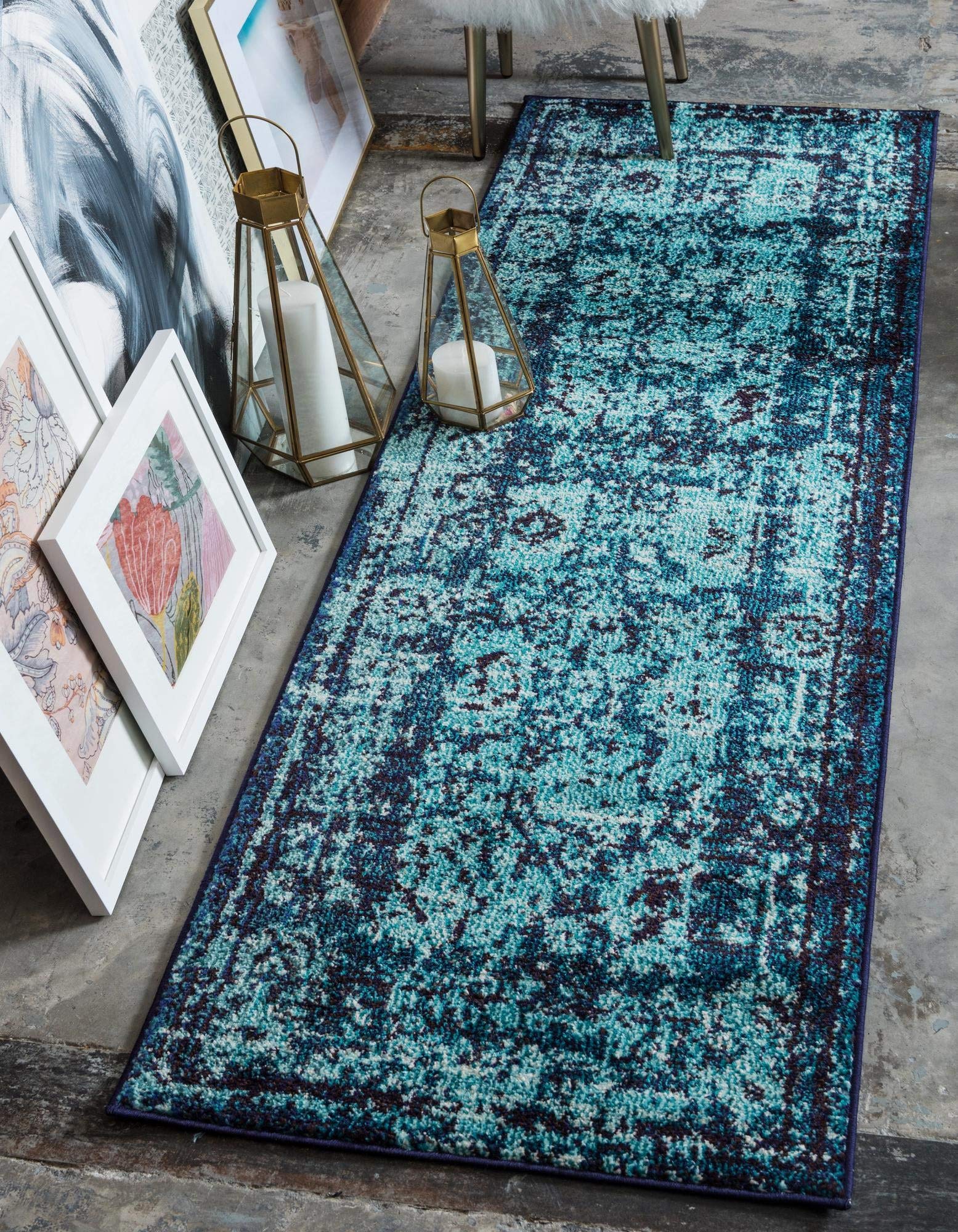 Rugs.com Fleur Collection Rug – 6 Ft Runner Blue Medium-Pile Rug Perfect for Hallways, Entryways