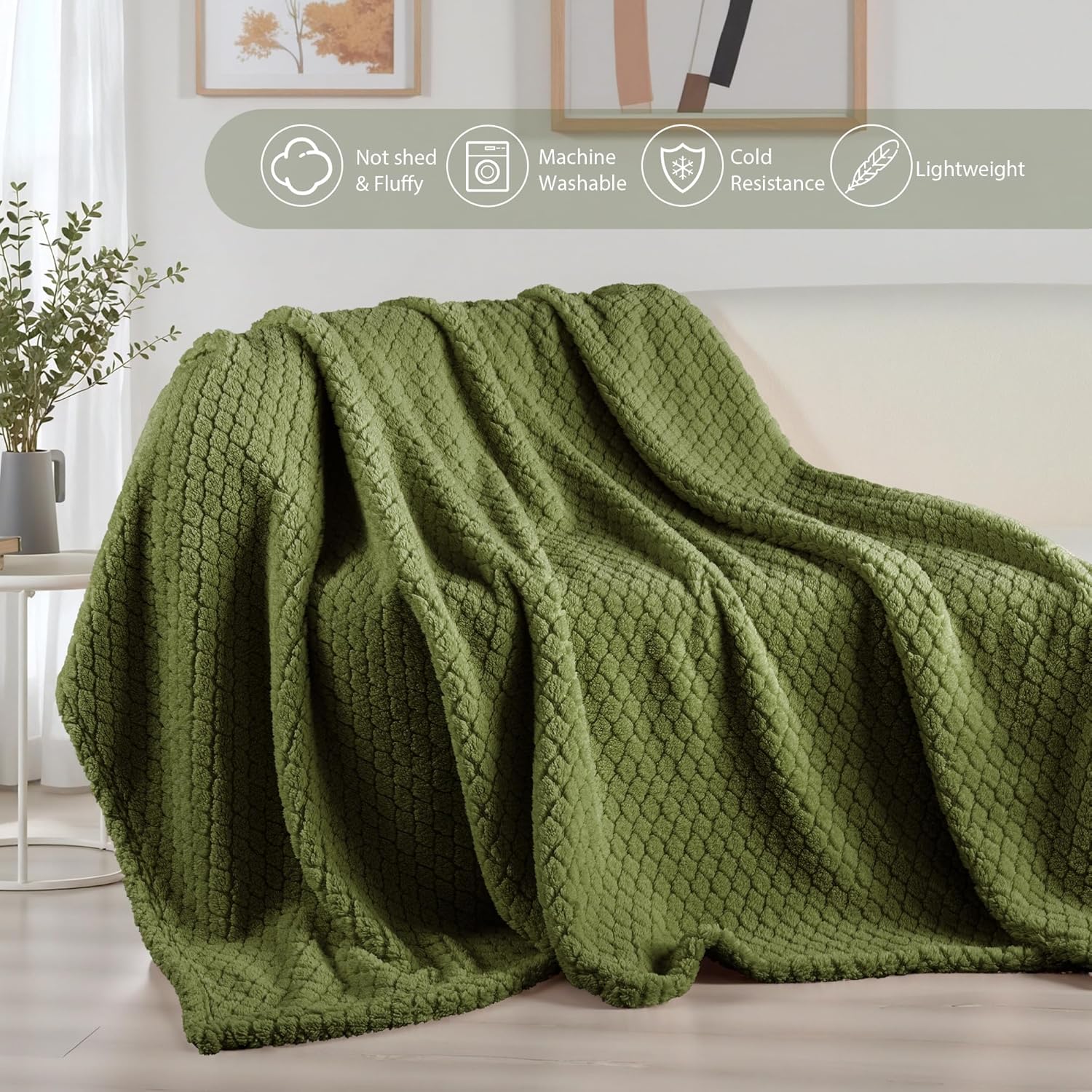 Exclusivo Mezcla Fleece Throw Blanket for Couch and Bed,Extra Soft Warm Decorative Fuzzy Throws for Women,Lightweight Cozy Blankets Size 50x60 Inches, Olive Green - Image 3