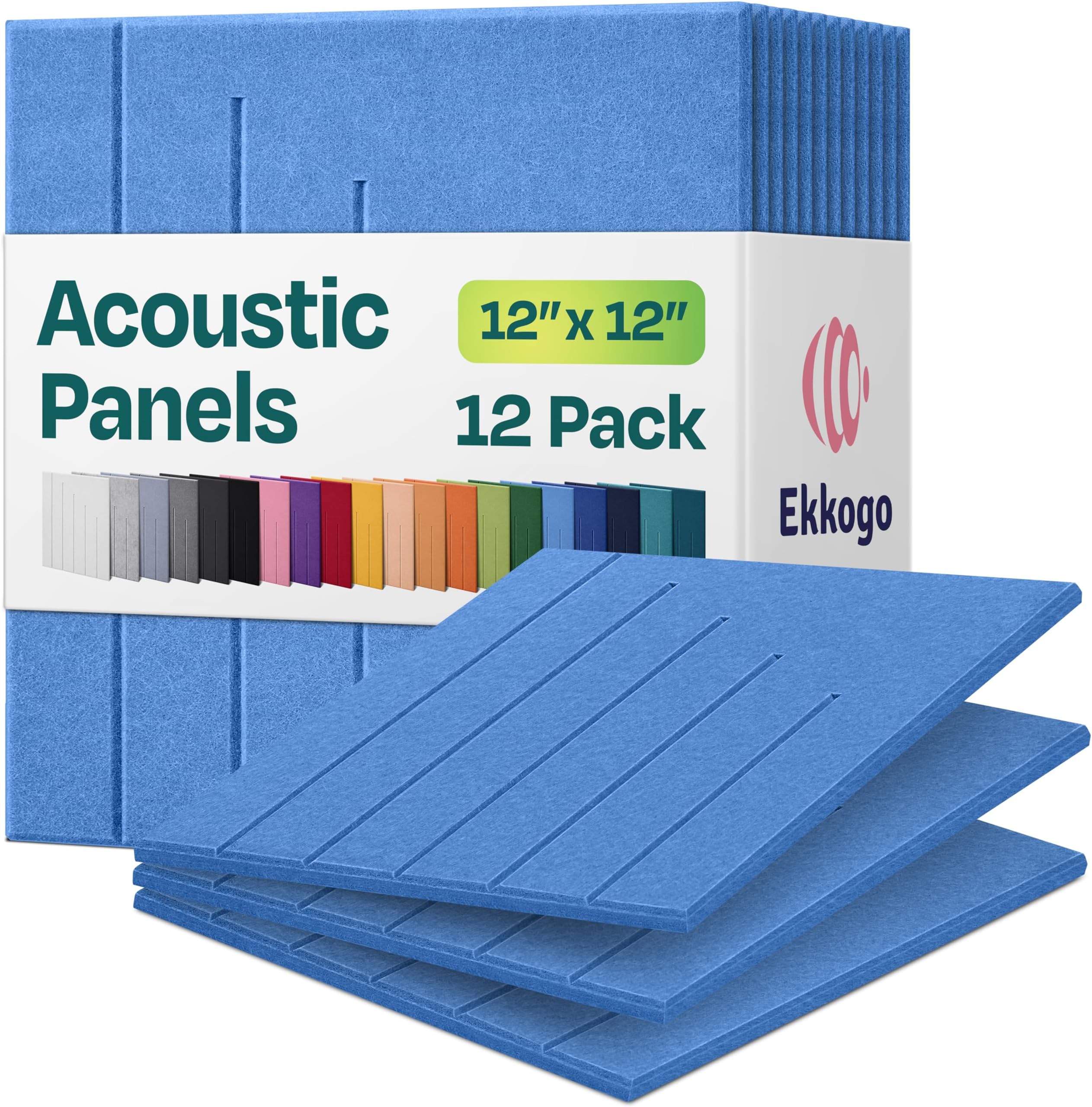 Acoustic Panels 12-Pack Soundproof Wall Panels 12"x12"x0.4" Decorative Sound Dampening for Your Home, Office, Studio, Bedroom & More with Unique LineWave Carving [Grand Blue]