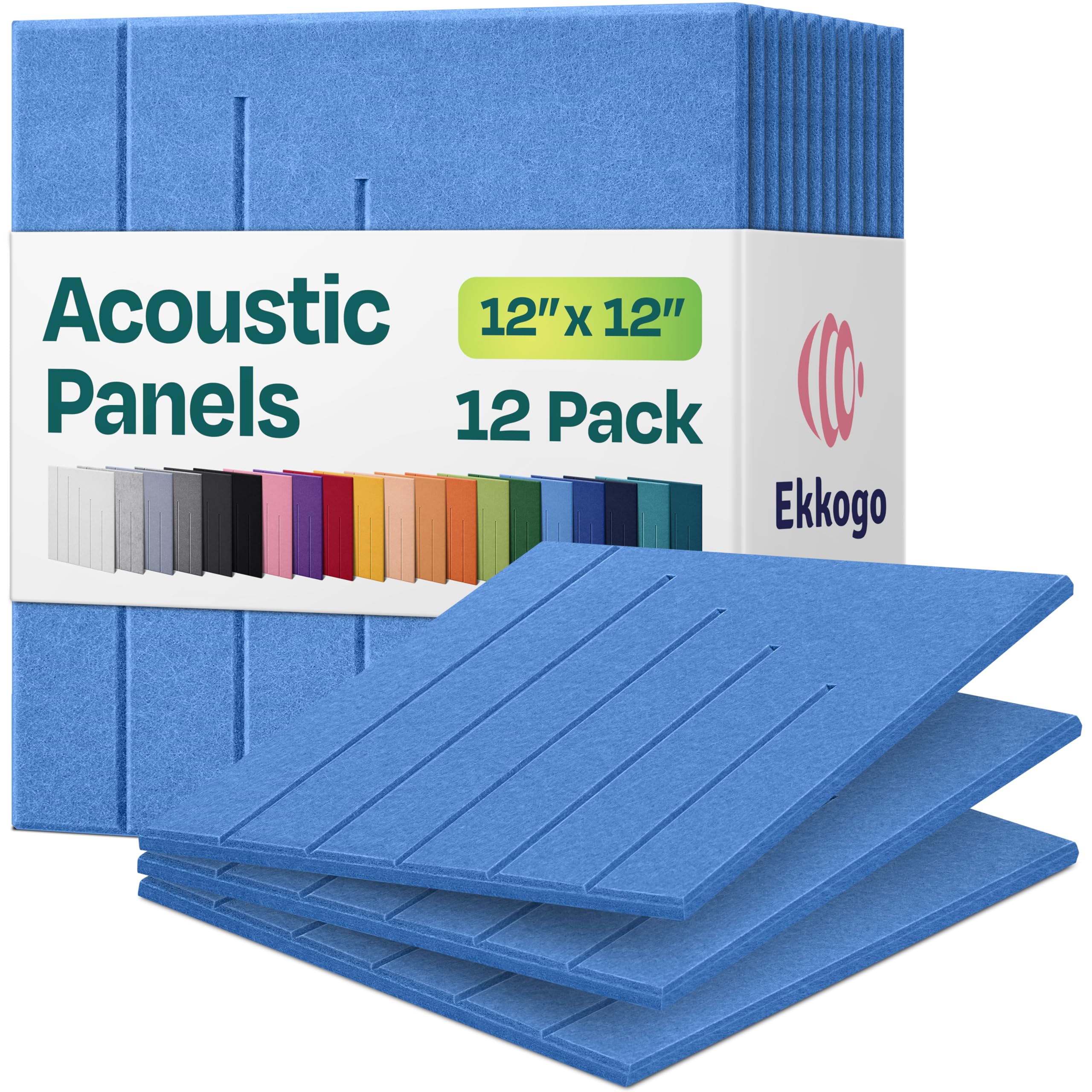 Acoustic Panels 12-Pack Soundproof Wall Panels 12"x12"x0.4" Decorative Sound Dampening for Your Home, Office, Studio, Bedroom & More with Unique LineWave Carving [Grand Blue]