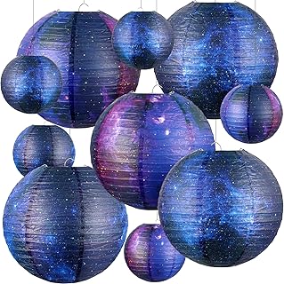 10 Pieces Galaxy Print Paper Lanterns Chinese Japanese Space Themed Hanging Paper Lanterns Galaxy Themed Party Supplies Ceiling Decor for Home Birthday Party Decor(12 Inch/ 6 Inch)