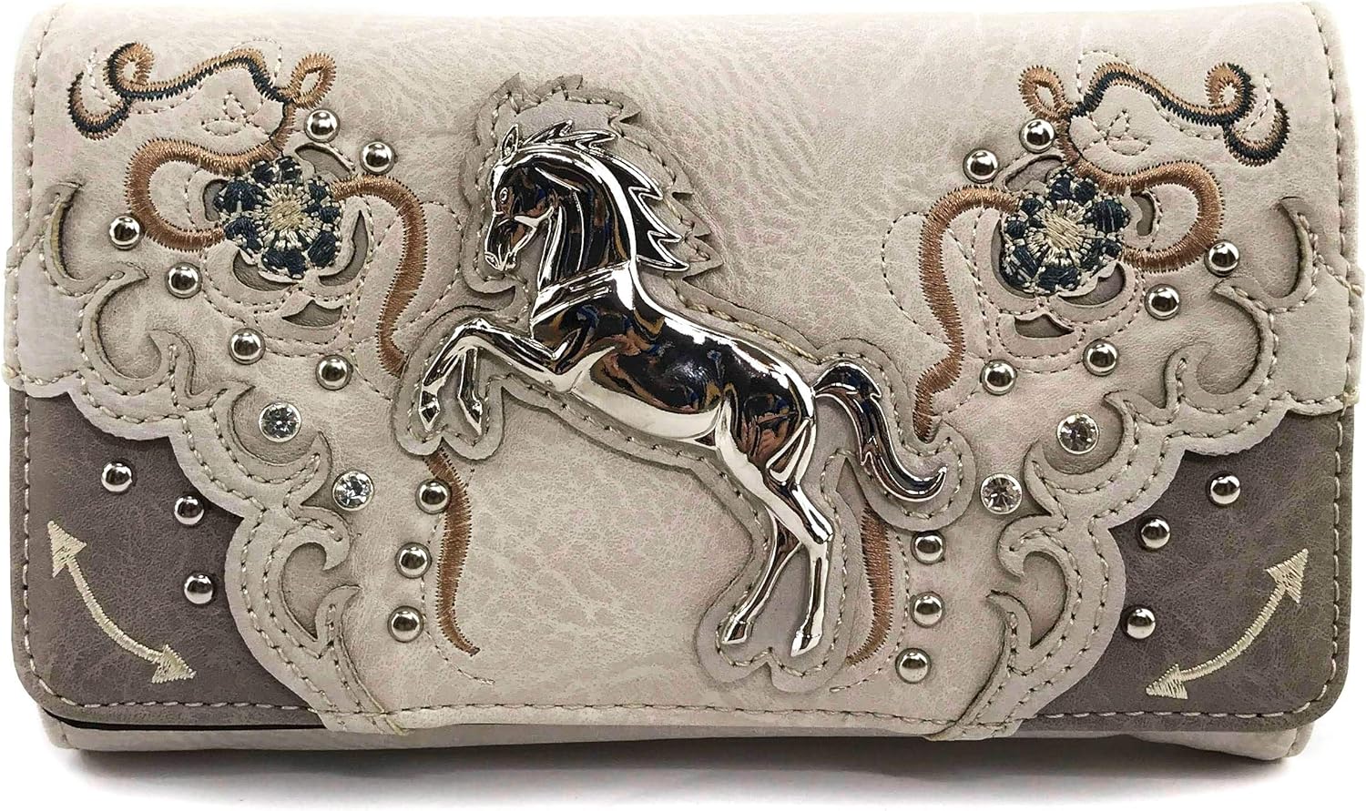 Zelris Floral Poppy Horse Western Women Crossbody Wrist Trifold Wallet (Beige Silver)