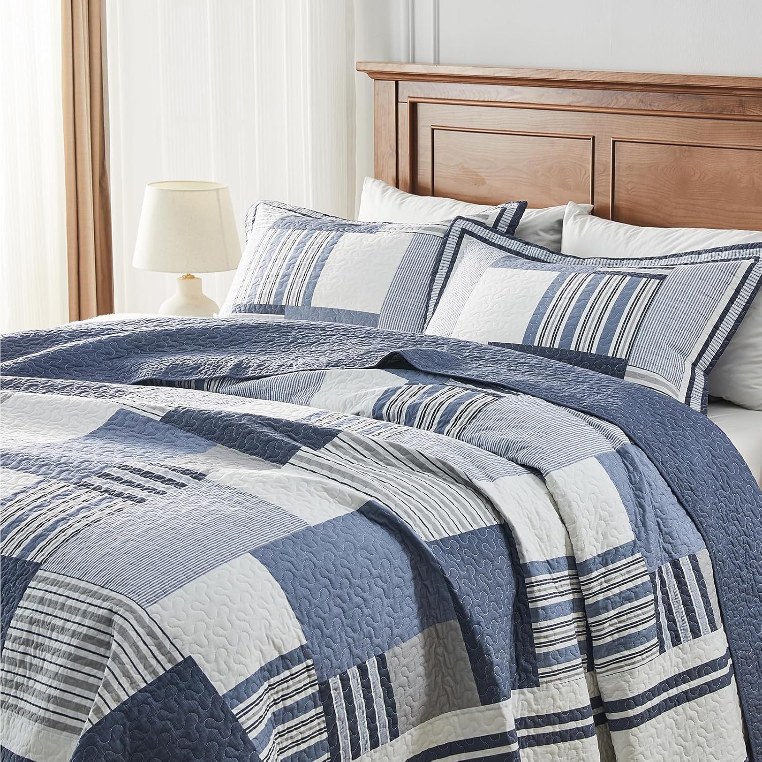 Oversized Queen Bedspread - 120" Lx102 W Extra Wide - 100% Cotton Stripe Plaid Reversible California Quilt Sets - Super Size Bed Spread Lightweight Thin Coverlet Set - Blue