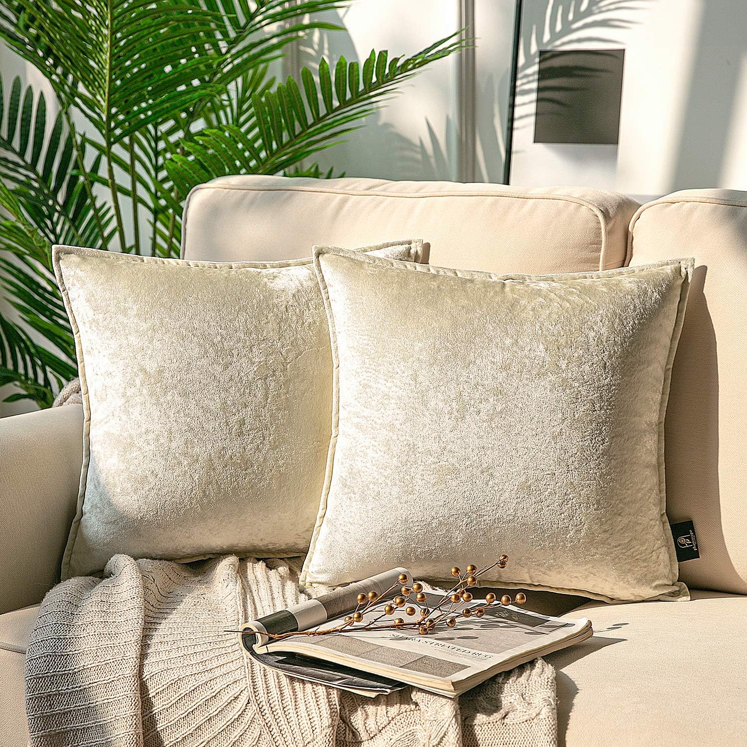 Phantoscope Pack of 2 Shiny Crushed Velvet with Trim Square Throw Pillow Covers Cushion Cover Pillowcase for Couch Bed and Chair, White 18 x 18 inches 45 x 45 cm