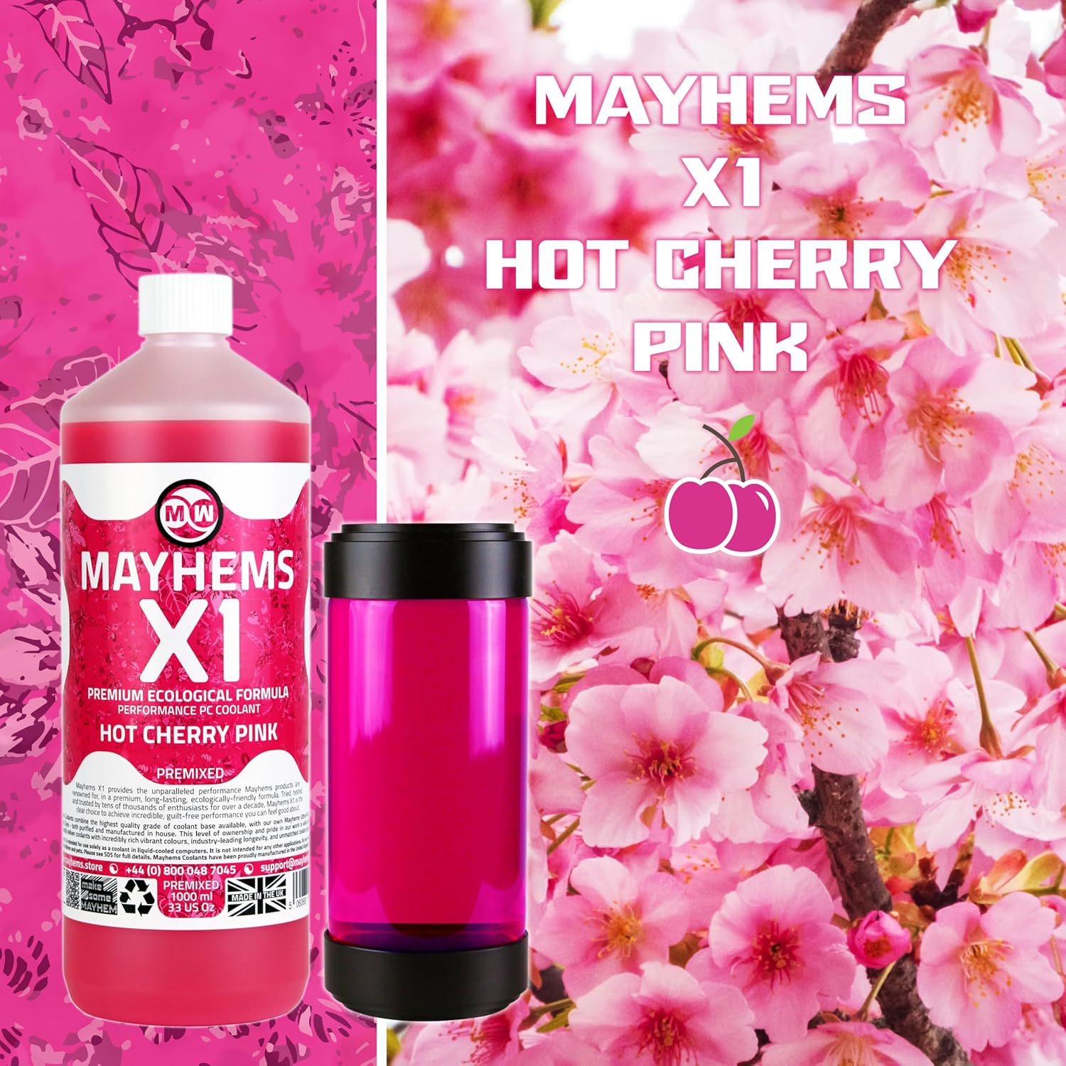 Mayhems - X1 Premixed PC Coolant - Computer Water Cooling Fluid - Liquid Cooling, Eco Friendly Series, 1 Litre, Hot Cherry Pink