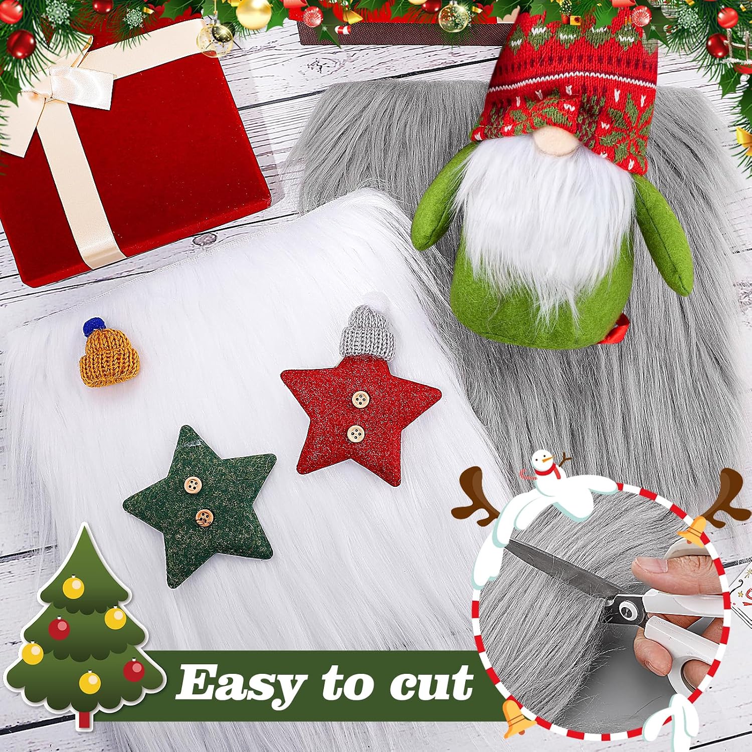 6 Pcs White and Grey Faux Fur Fabric, 10"×10" Artificial Fuzzy Fur Fabric
