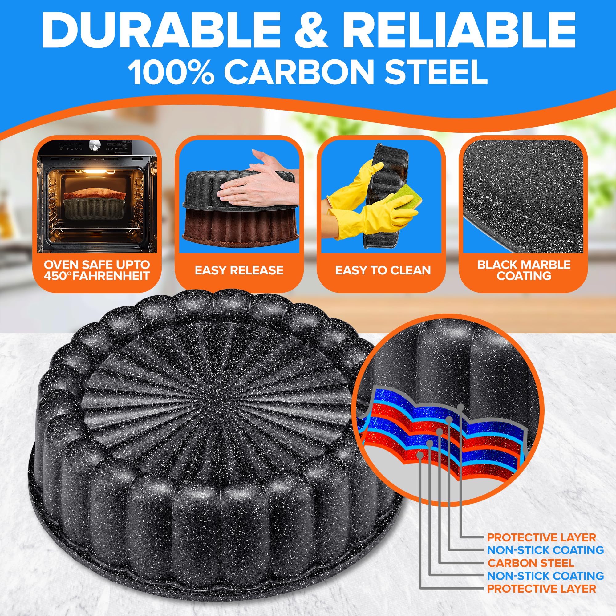 Emporio Kitchen Moule à gâteau – Revêtement anti-adhésif en marbre gris à deux couches, moule à gâteau cannelé en aluminium moulé sous pression, passe au four (jusqu'à 232,2 °C), sans PFOA, PFOS et