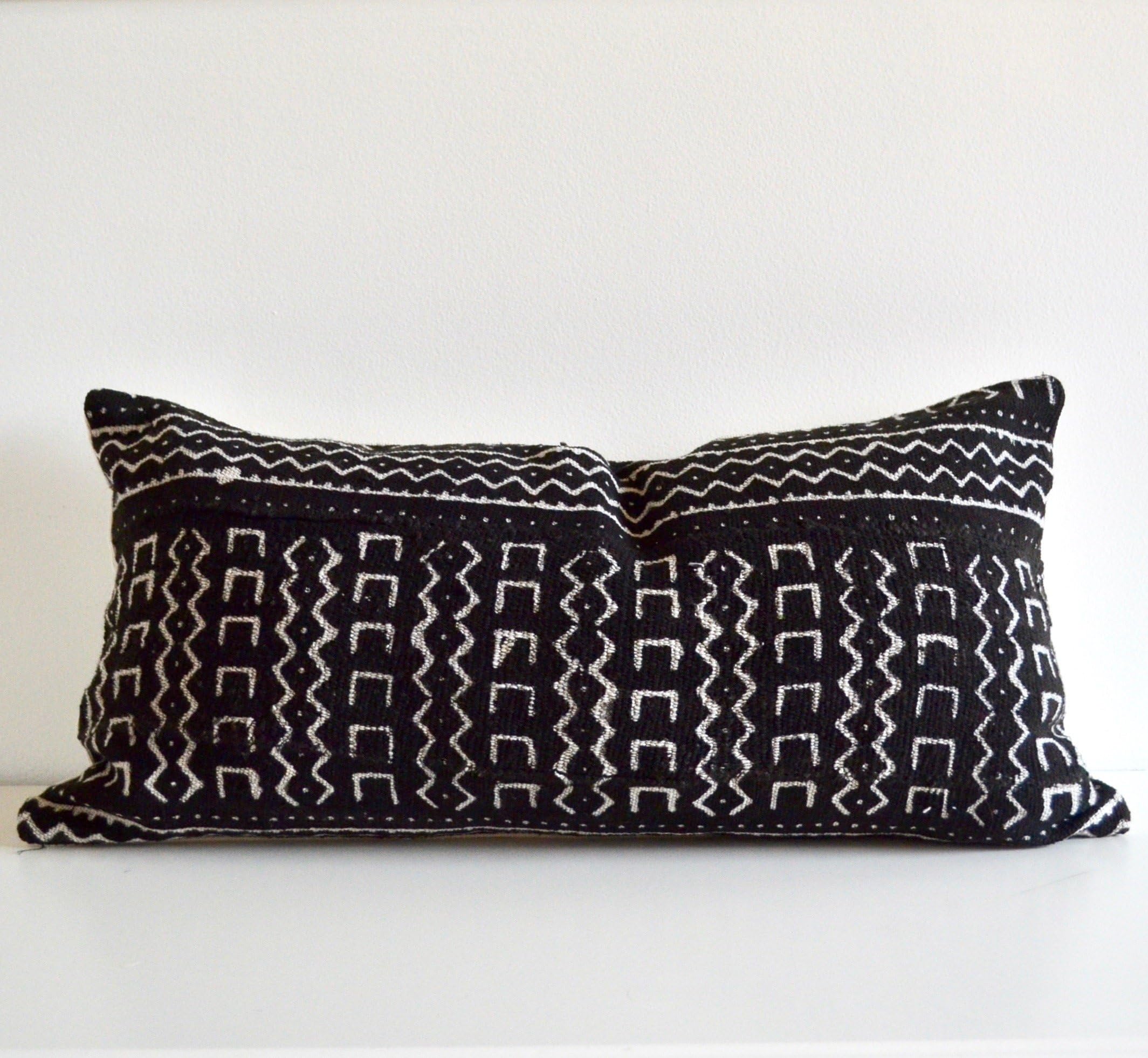 Black White Mudcloth Vintage lumbar rectangular 12'' x 24'' Pillow Cover