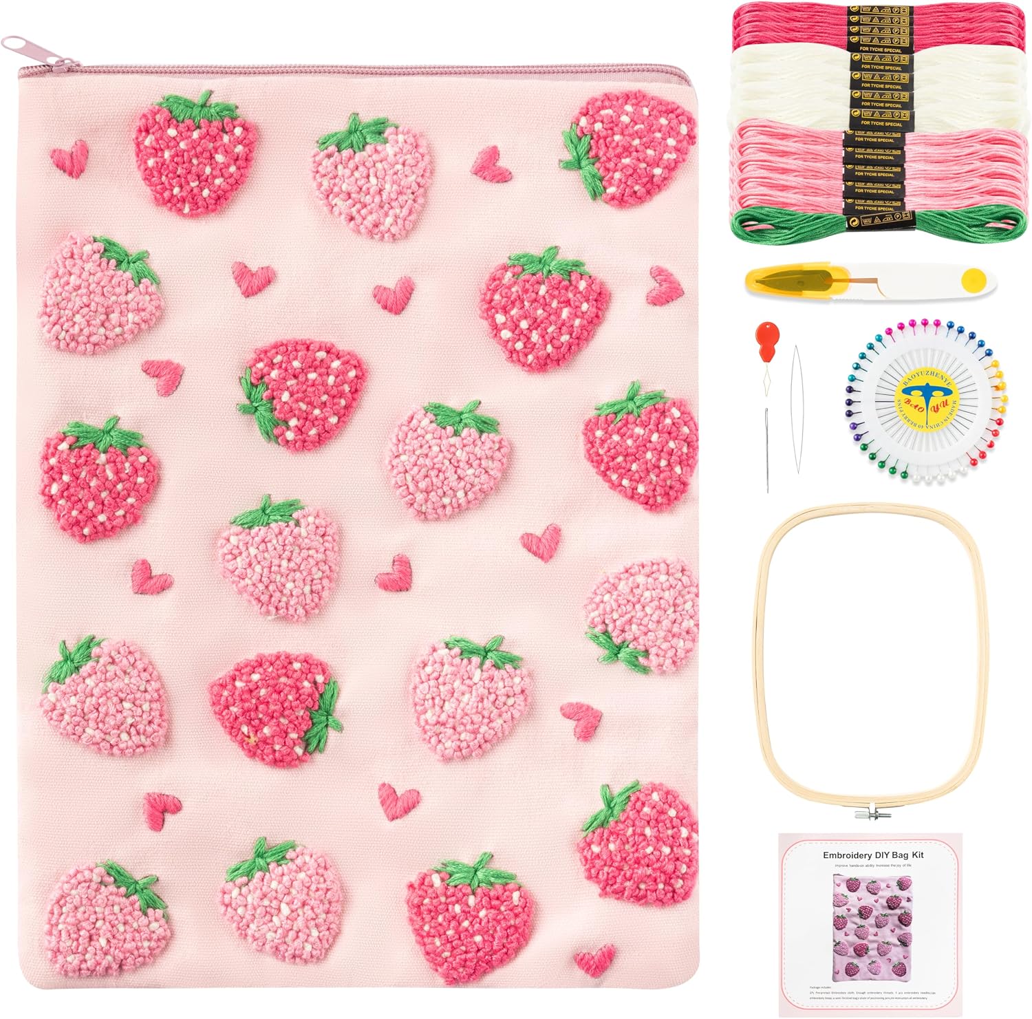 Fiupan All-in-One Strawberry Embroidery Kit - DIY Craft Kit with Thread, Fabric & Needles, Pink Embroidery Pouch for Tablet E-Reader Sleeve, Creative Birthday Gifts for Beginners（7-8 Inch）