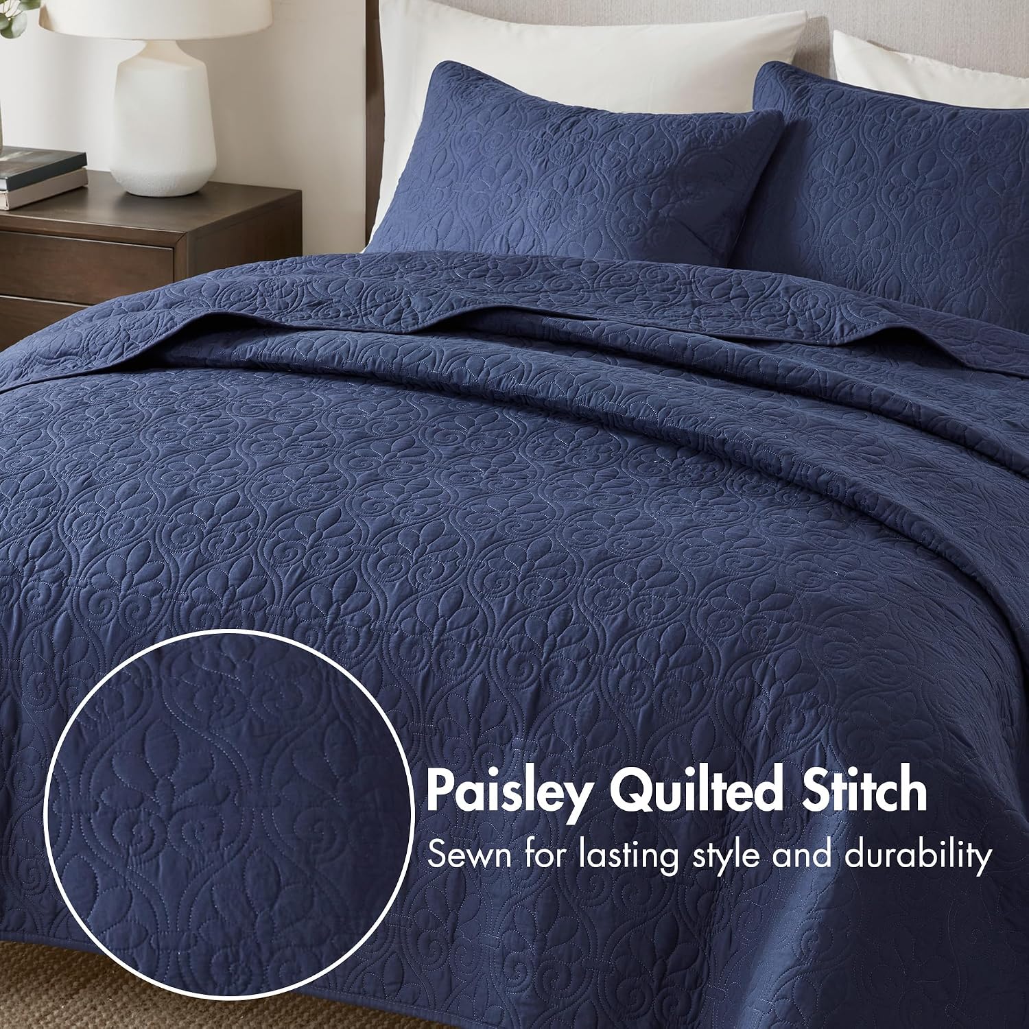 Madison Park Quebec Dusty Pale Navy 3-Piece Quilted Coverlet Set—For King or Cal King Bed –Ideal For Warm Climate Room Décor or Add-on For Extra Warmth