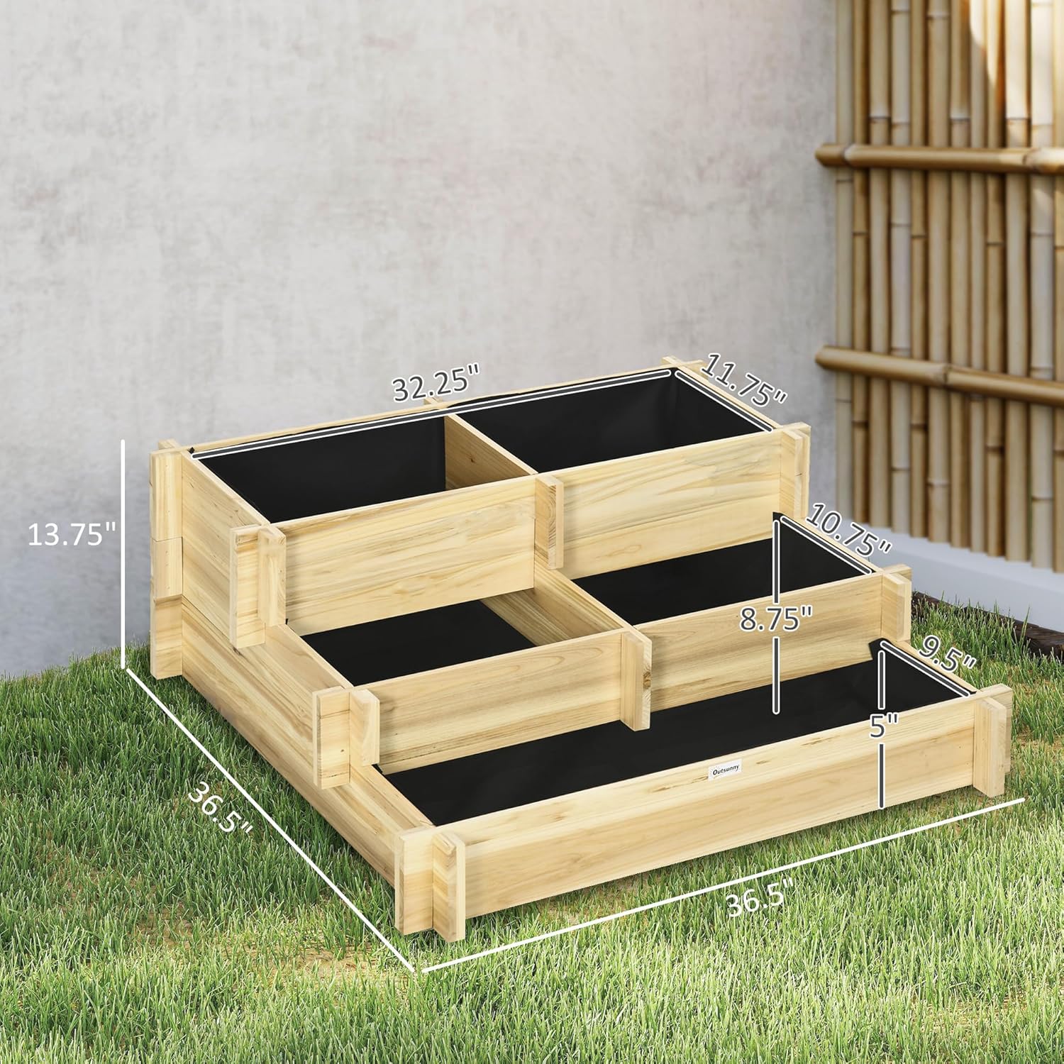 Outsunny 3-Tier Raised Garden Bed with 5 Compartments and Bed Liner, Fir Wood Elevated Planter Box, for Vegetables, Herbs, Outdoor Plants, 37 x 37 x 14in, Natural