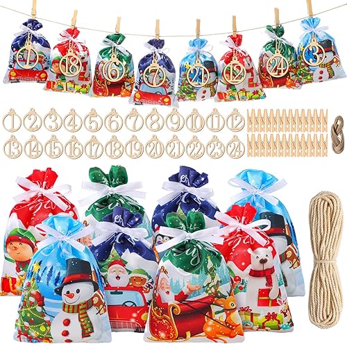 Miniatura 1 de Bolsas de calendario de Adviento de Navidad con etiquetas de números de madera, bolsa de calendario de cuenta regresiva de satén de 24 días, bolsas