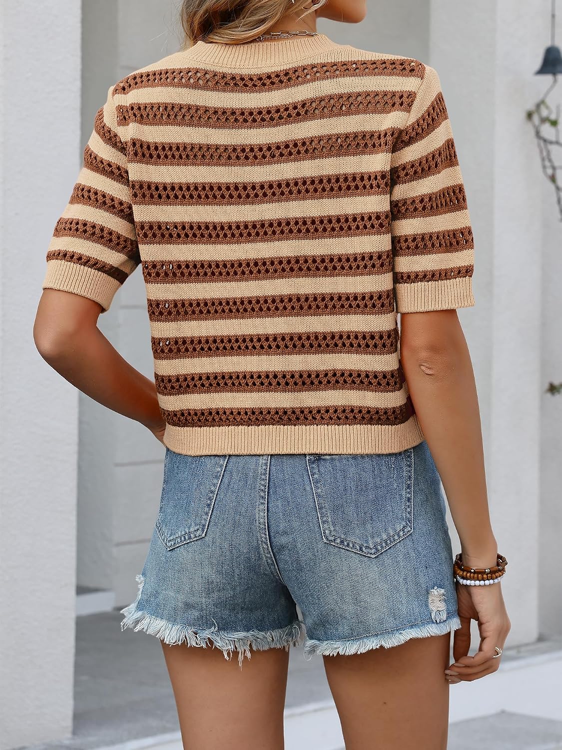 Womens Spring Summer Crochet Tops Hollow Out Short Sleeve Crop Pullover Sweater Top Beach Vacation Outfits 2026 image 4