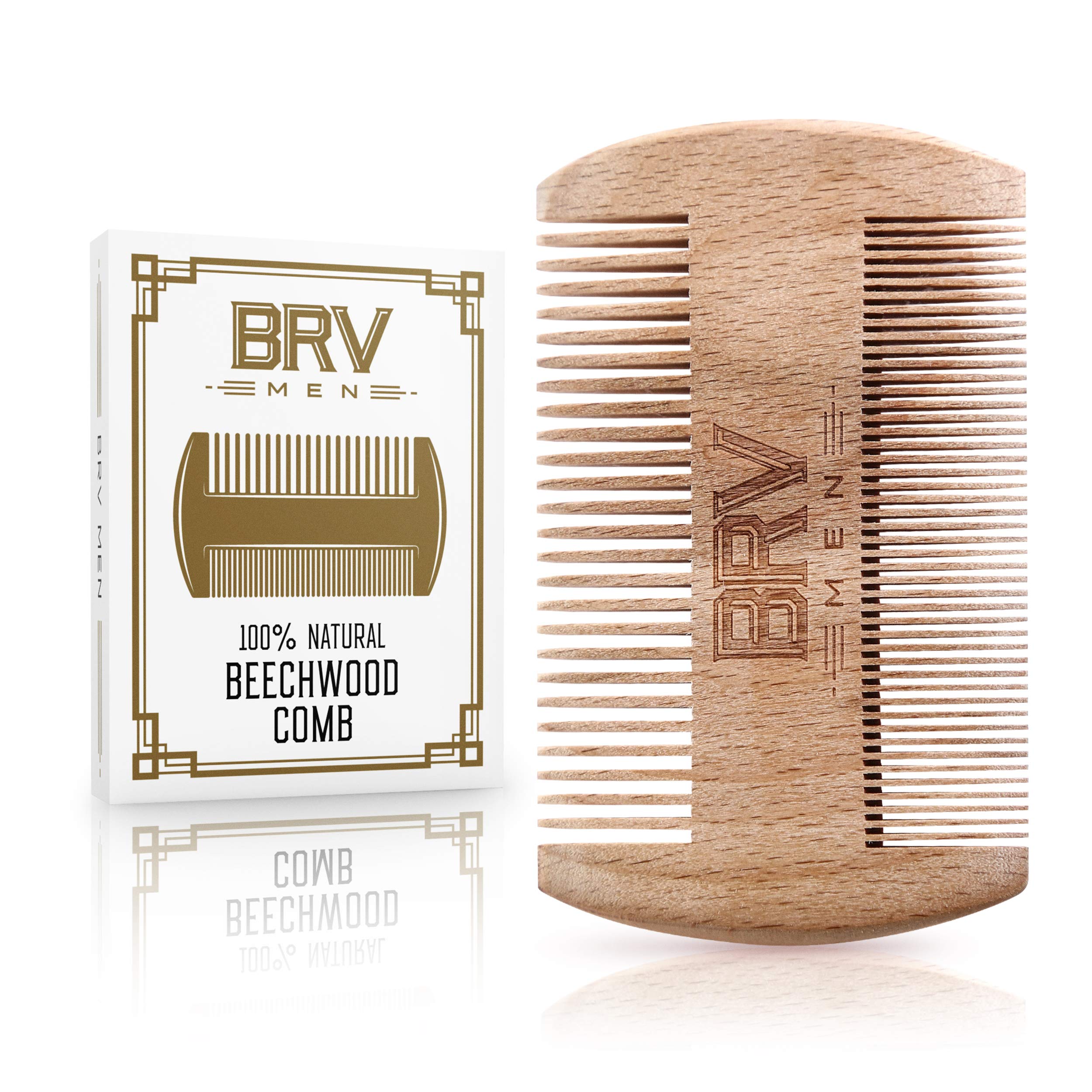 Beard Comb - Natural Solid Beechwood - Works Perfectly with Your Beard Oil and Beard Balm - Comes with Carry Case, Pocket Size - Wooden Comb - For All Types and Styles of Hair - BRV MEN