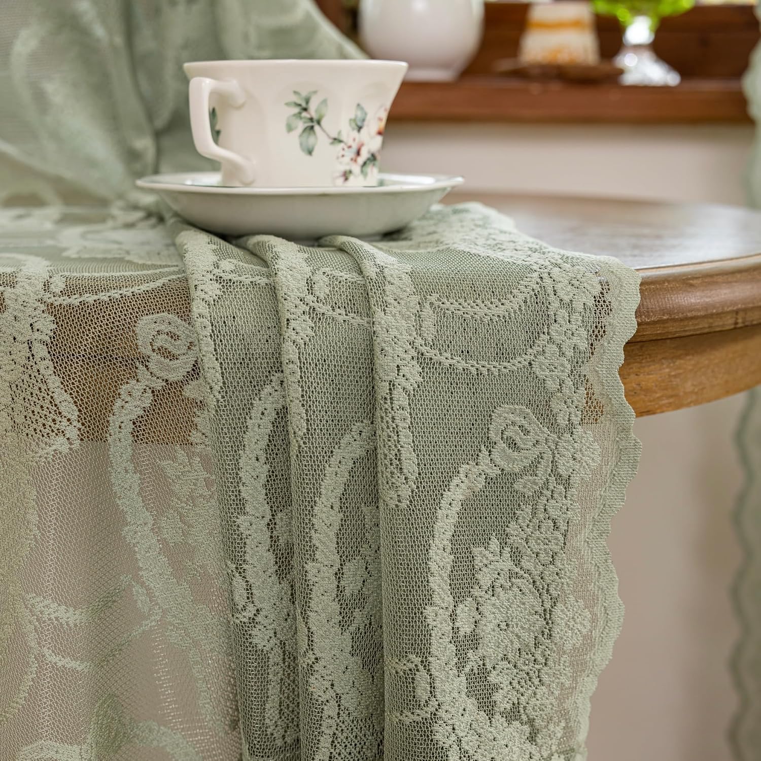 Green Lace French Delicacy Curtains 96 Inches Long -Rod Pocket Luxury Vintage Bow Butterfly Sheer Lace Flower Curtains for Living Room Bedroom，52 x 96 Inch, 2 Panels
