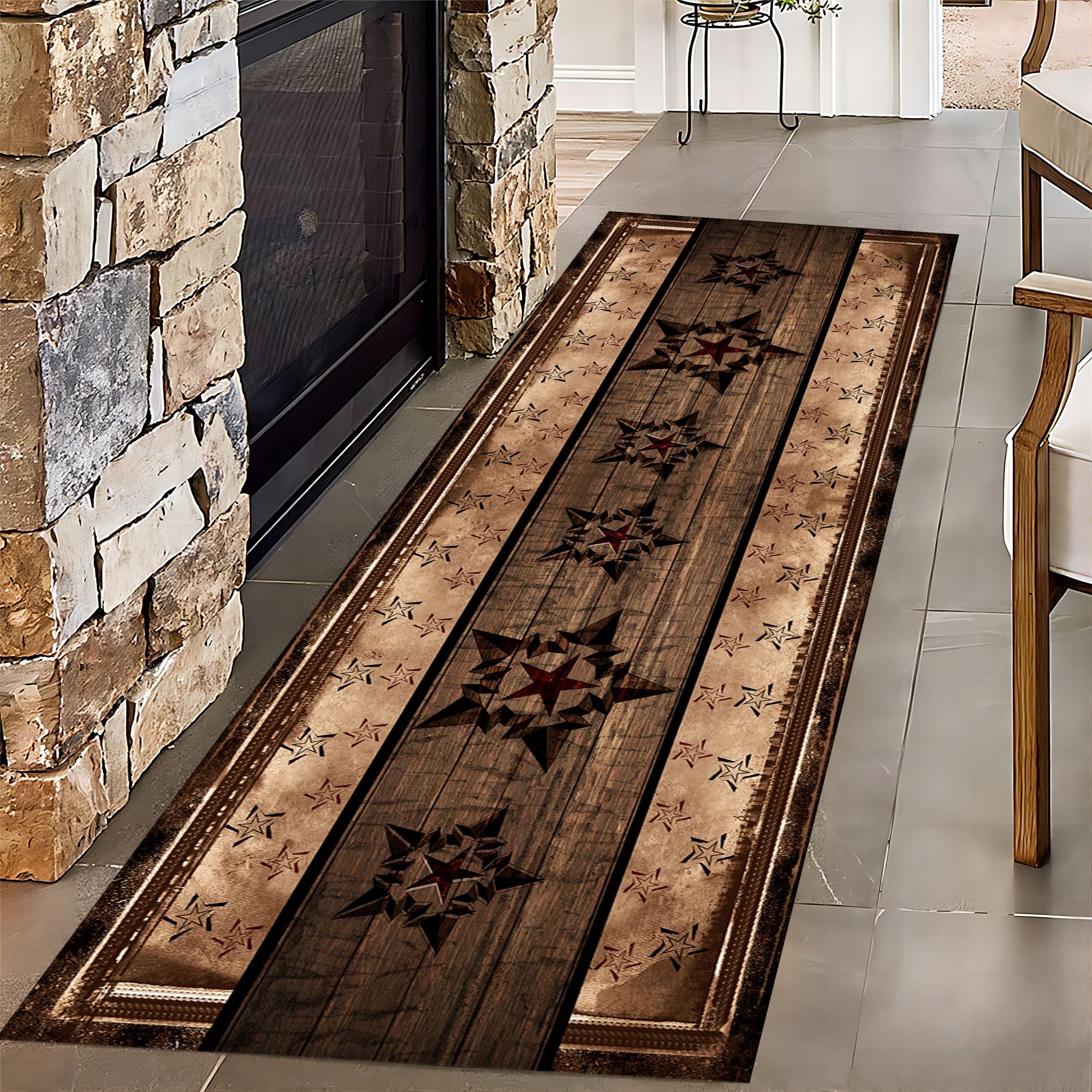 ZLXMN Machine Washable Western Runner Rug,3.3x7ft,Farmhouse Entrance Runner Rug,Black and Brown Star Hallway Rug Thin Indoor Runner Rugs with Rubber