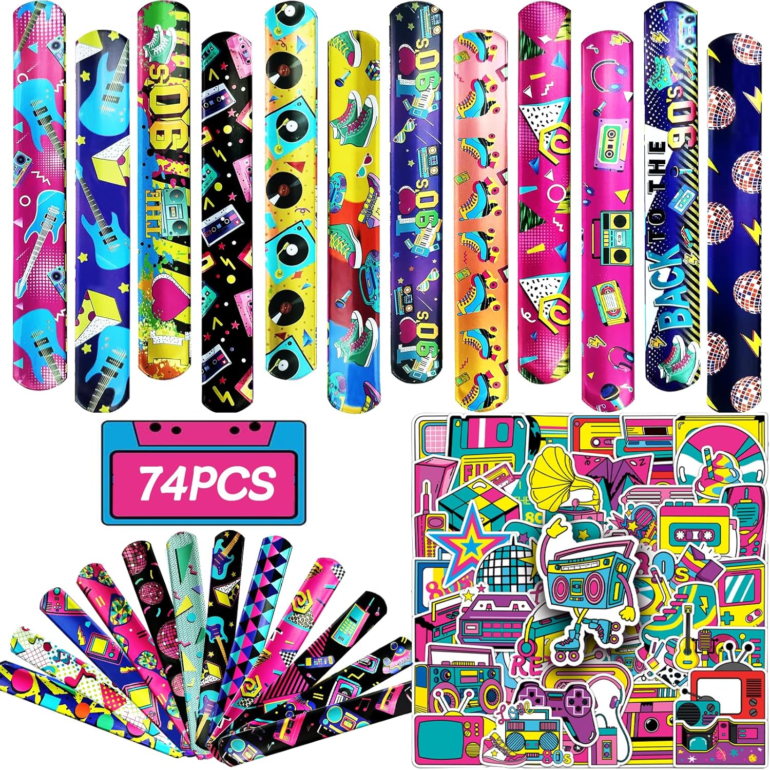 74PCS 80s 90s party decorations 50PCS Retro Theme Stickers&24PCS Slap Bracelets 80s 90s Birthday Supplies Team Gift Filler for Adults - Image 8