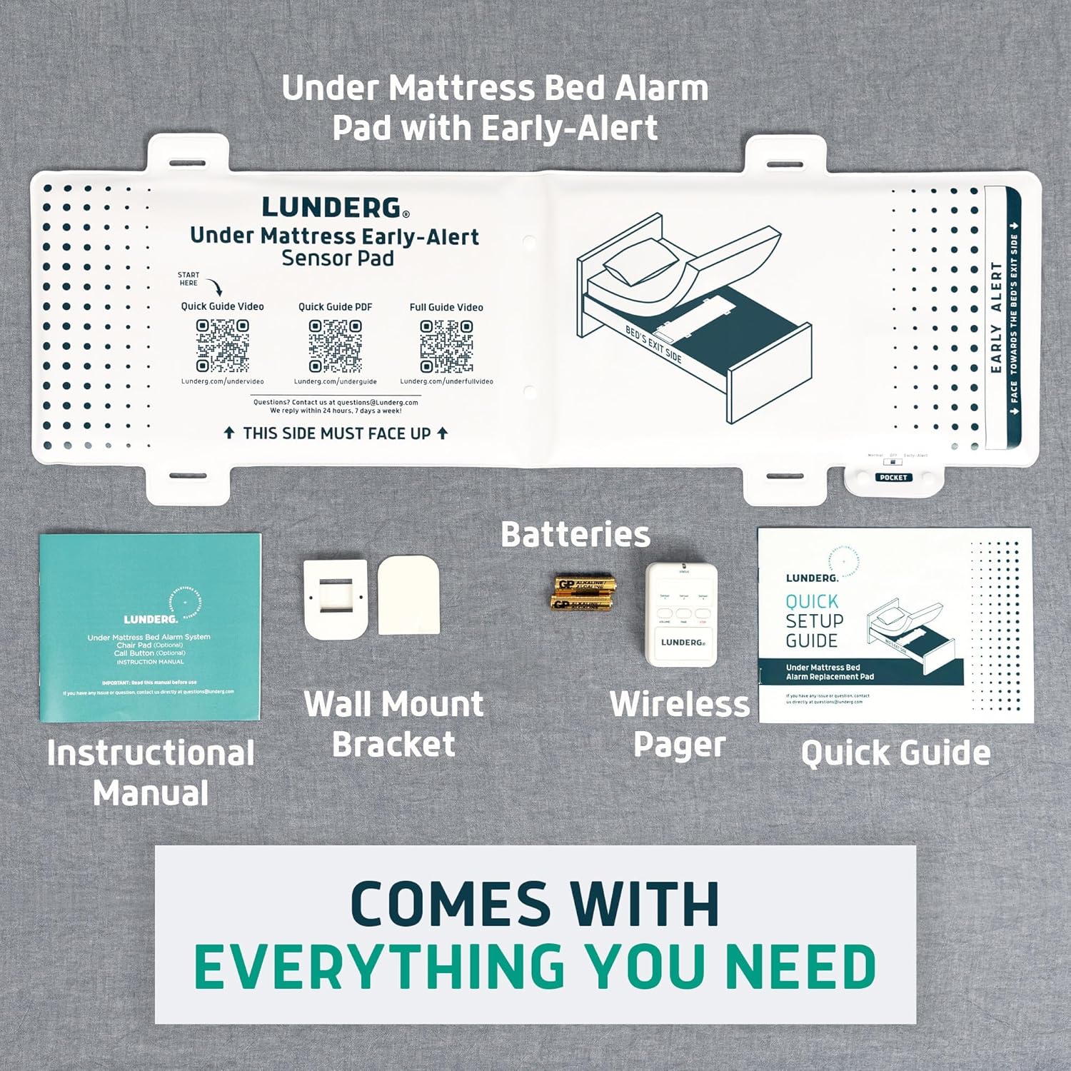 Lunderg Under Mattress Bed Alarm for Elderly Adults - Wireless Sensor Pad with Early Alert & Pager - Bed Alarms and Fall Prevention for Elderly and Dementia Patients - Reduces False Alarms