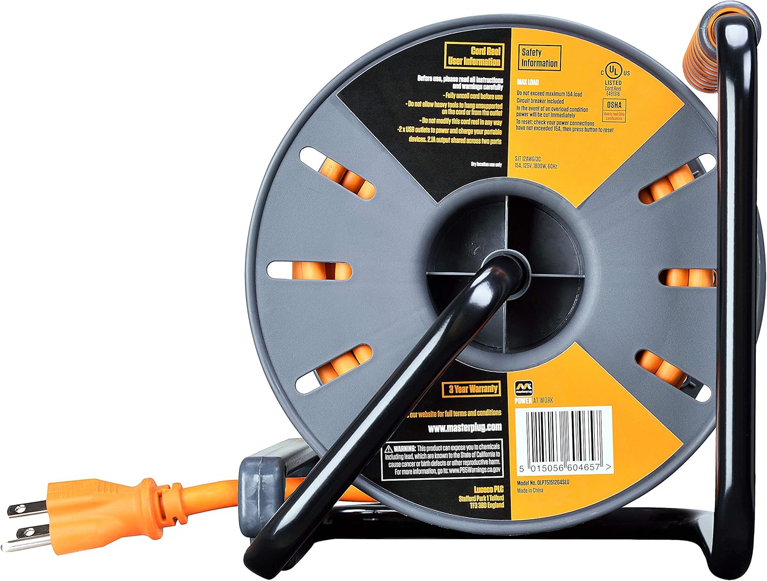 Masterplug 75ft Cord Reel, Retractable Extension Lead with Winding Handle, Safety Overload Circuit Breaker and Power Switch, 4x Grounded Outlets, 2x USB Ports, 15amps, 12AWG Cable