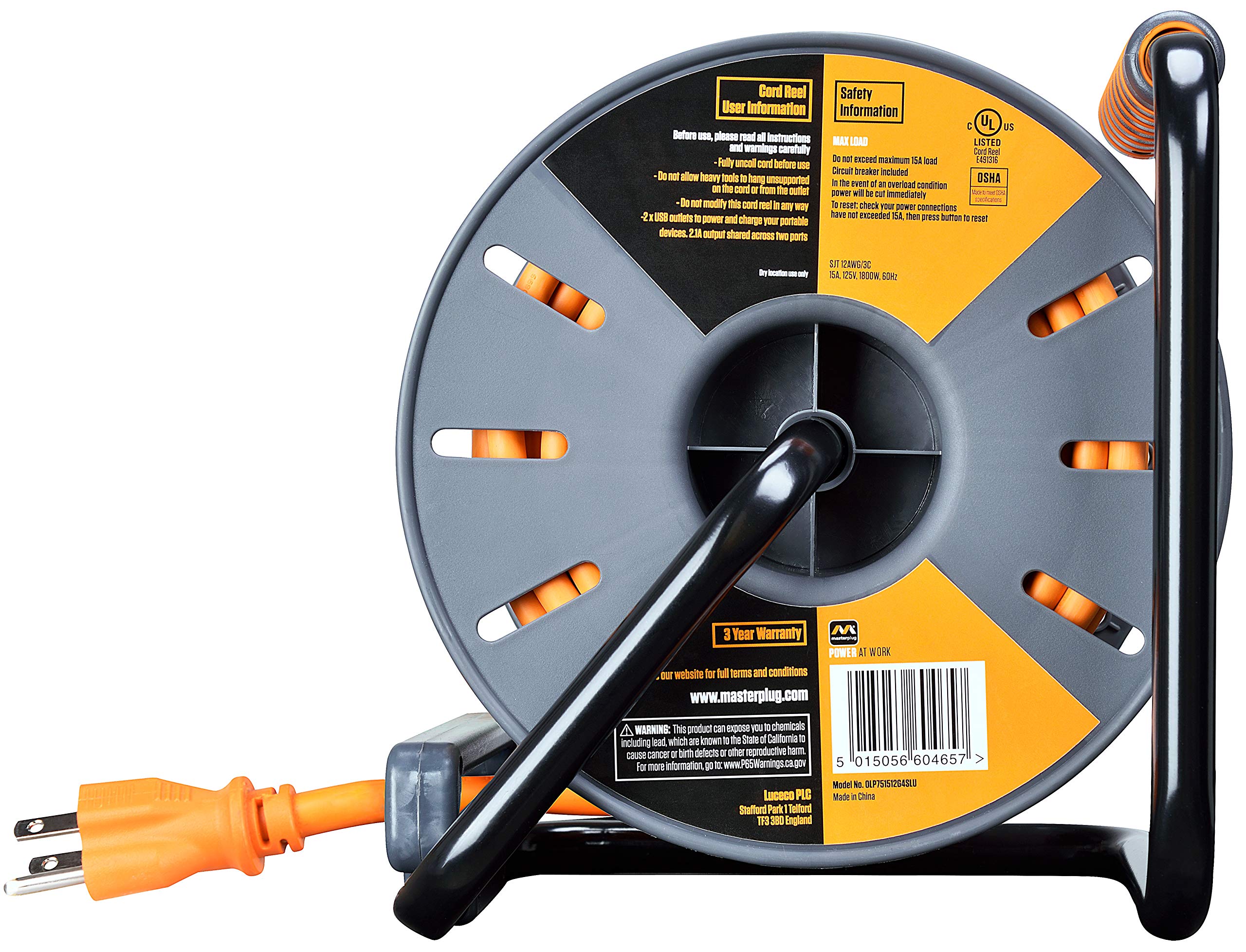 Power at Work - Avvolgicavo aperto con quattro prese di corrente, maniglia di avvolgimento e due porte di ricarica USB, interruttore di sicurezza per sovraccarico e interruttore di alimentazione, cavo