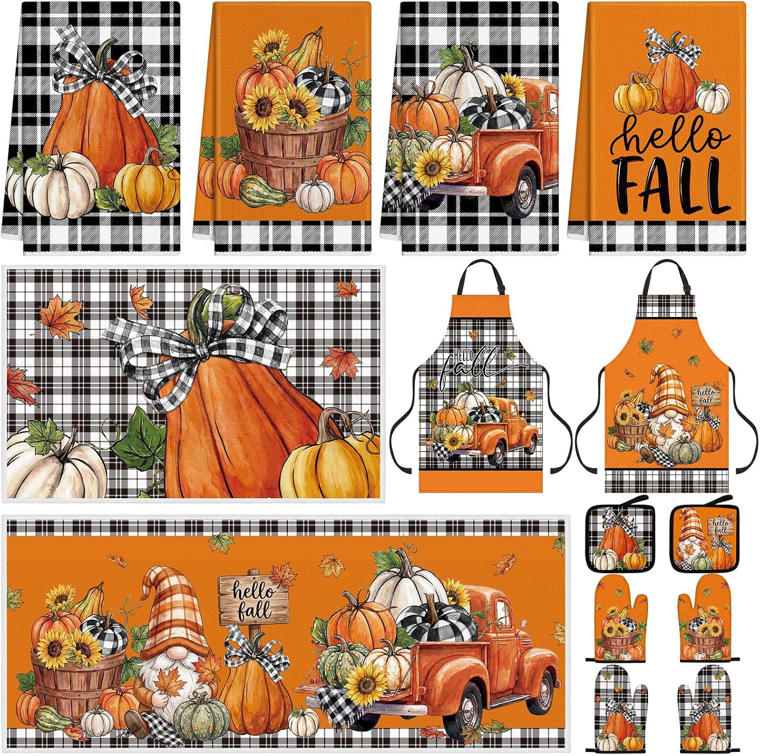 12 Pcs Fall Kitchen Decor Set, Plaid Orange Thanksgiving Kitchen Set