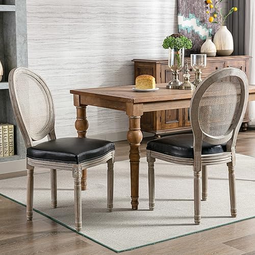 Miniatura 119 de chairus Juego de 2 sillas de comedor de ratán de granja, sillas de campo francesas de cuero con respaldo redondo, sillas laterales ovaladas para