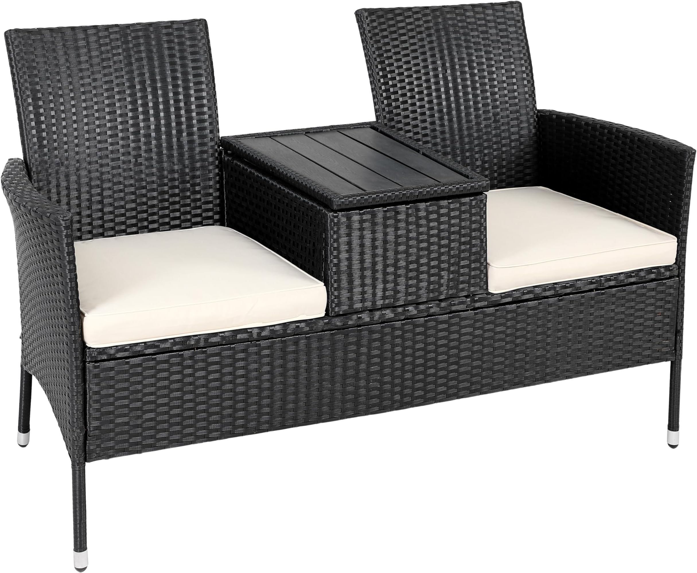 Polyrattan 2 Seater Garden Love Seat Bench | Integrated Table with Opening Storage Box | 7cm Cushions | Patio Balcony Cinema Furniture | 320kg Weight Capacity | 143x64x88cm