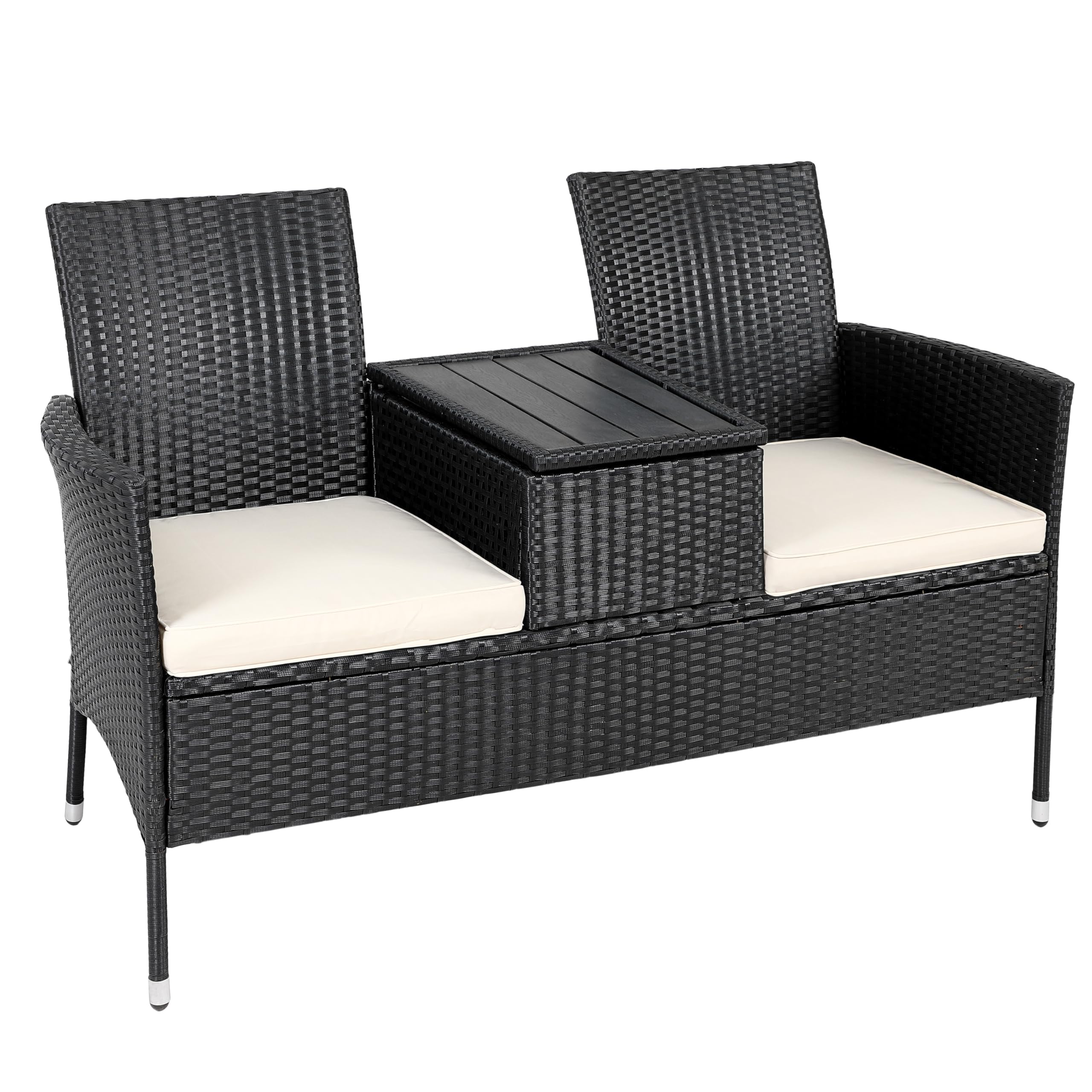 CASARIA® Polyrattan 2 Seater Garden Love Seat Bench | Integrated Table with Opening Storage Box | 7cm Cushions | Patio Balcony Cinema Furniture | 320kg Weight Capacity | 143x64x88cm