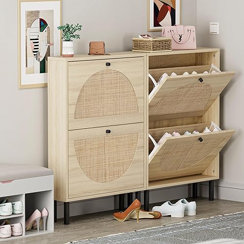 Miniatura 4 de Zapatero de ratán con 2 cajones abatibles, zapatero de 2 niveles, organizador de almacenamiento de zapatos de madera natural bohemio para entrada,
