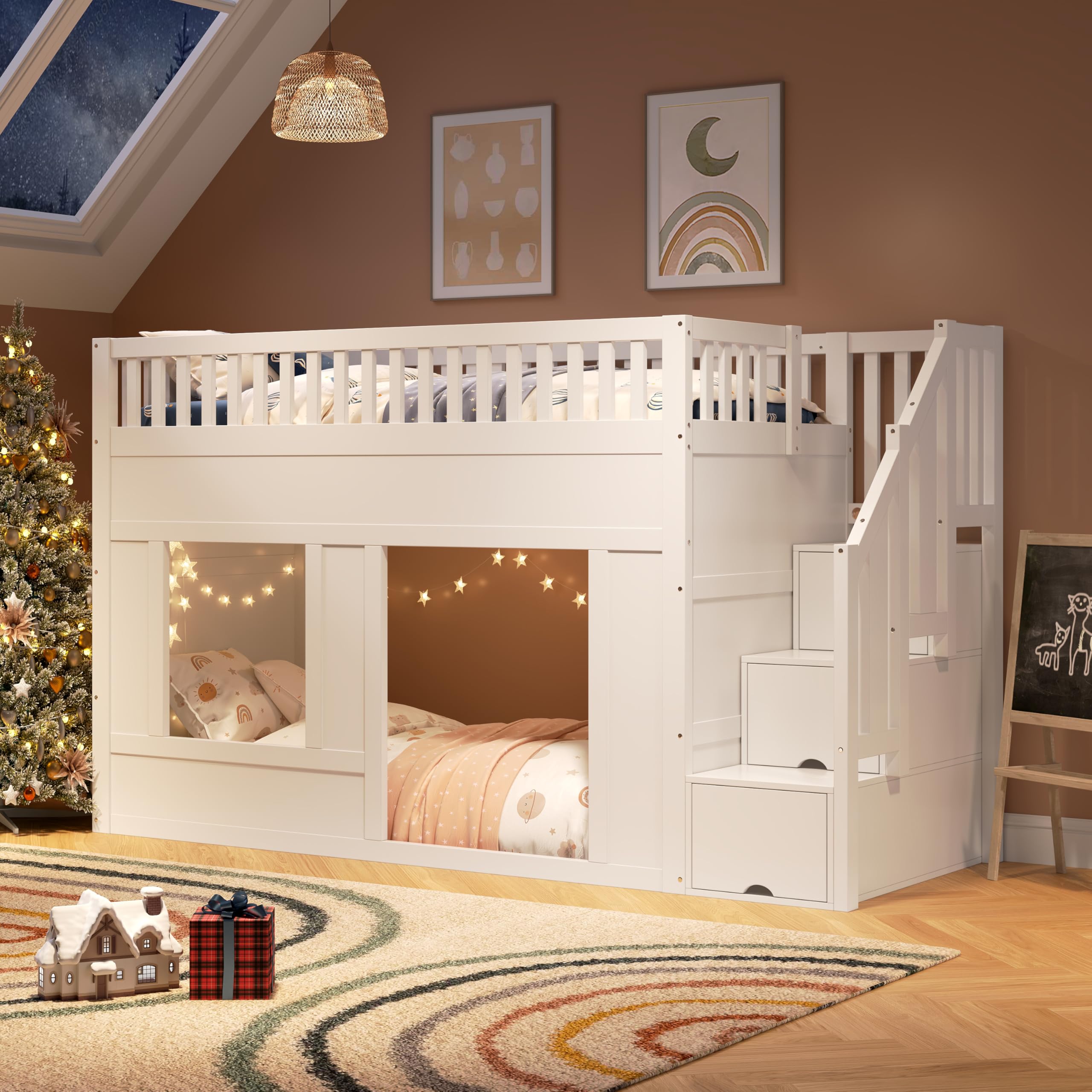 Cuna Litera 90 x 200 cm Blanca Cama Alta Multifuncional Cama Infantil con Armario Escaleras Espacio Convertible Debajo Sin Colchón