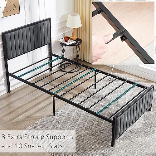 Miniatura 7 de VECELO Base de cama tamaño individual con cabecera tapizada, plataforma de listones de acero resistente, no necesita somier, gris oscuro