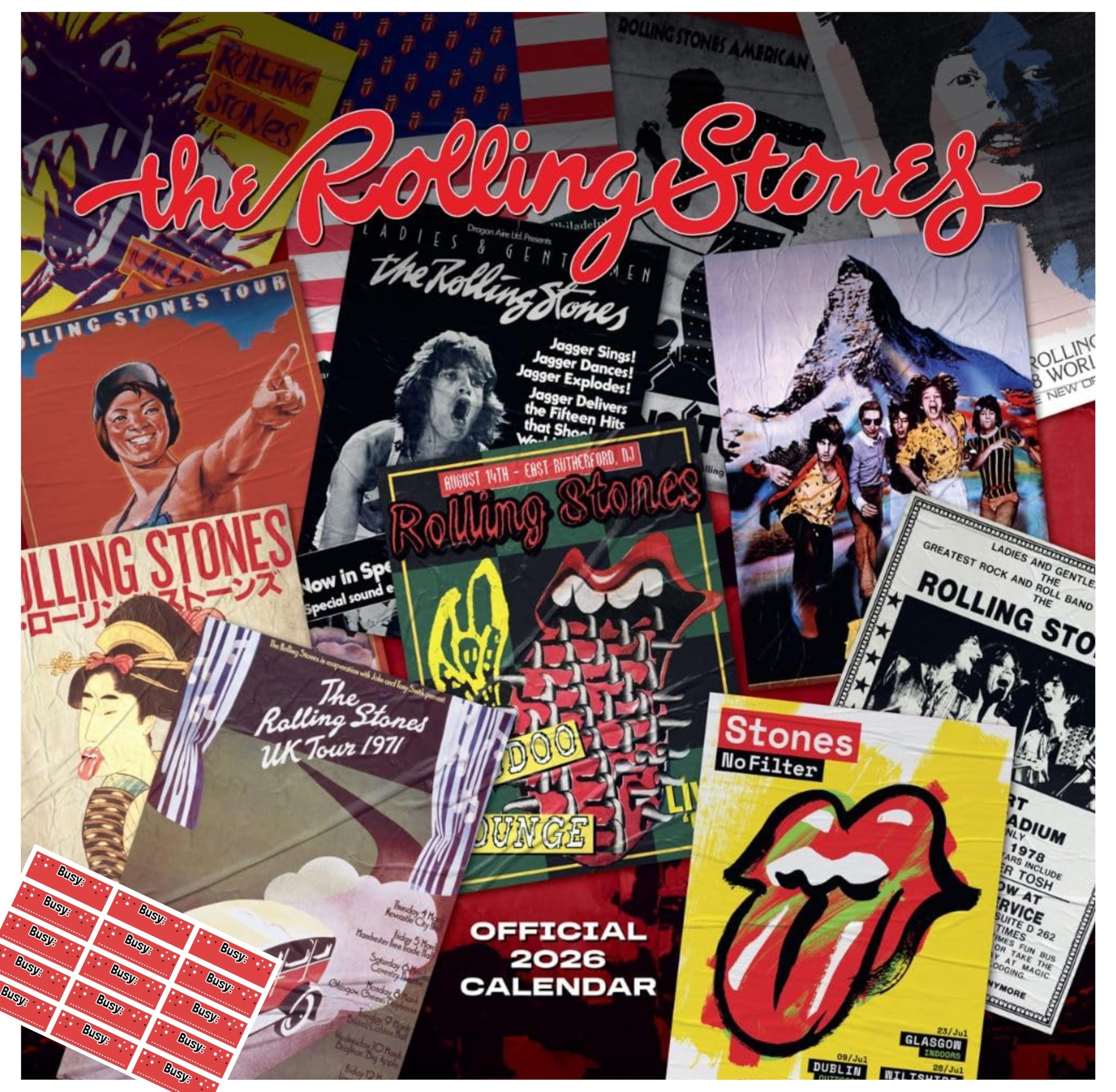 The Rolling Stones Calendar 2026 - Square Wall hanging calendar with FREE Organisng Stickers Included