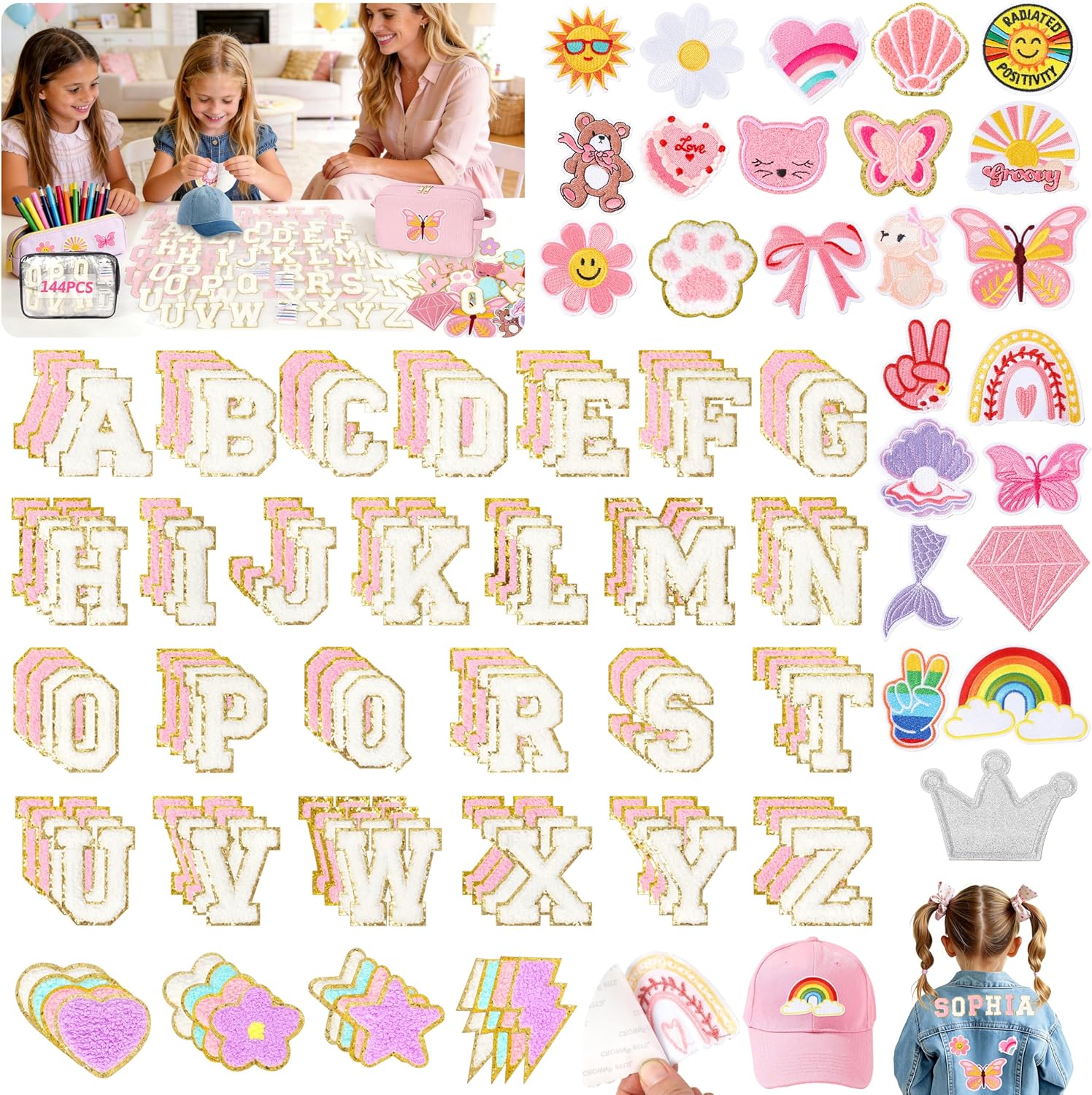 KINGSOW Chenille Letters Adhesive Patches: 146 PCS Pre-Sort Pink&White Fuzzy Alphabet Patch - Cute Embroidered Patch for Personalizing Jean Jackets Backpacks Lunch Boxes Birthday Gifts