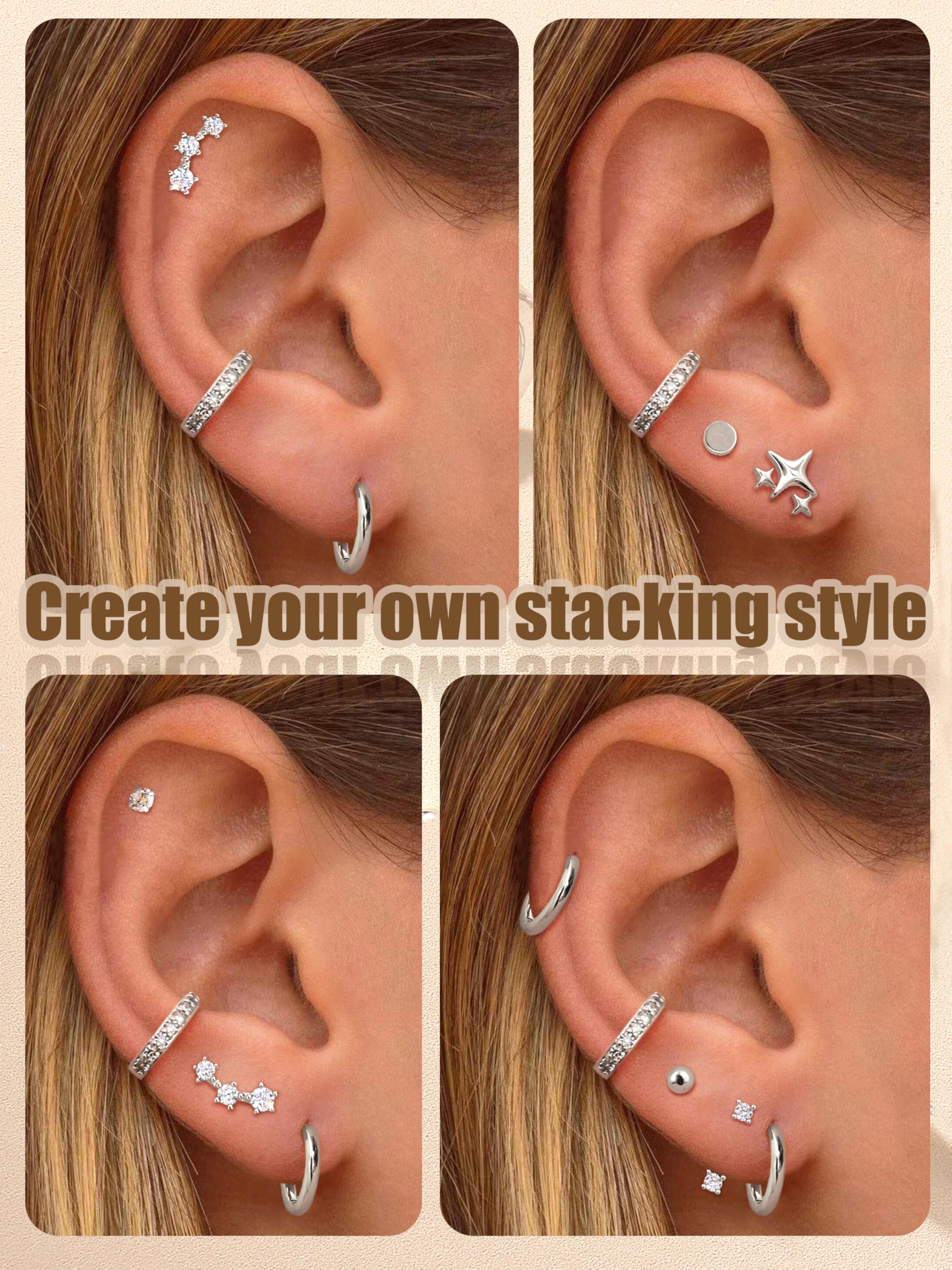 Aretes de plata de ley para mujer, hipoalergénicos para múltiples piercings, delicados aretes chapados en oro de 14 quilates, juego de aretes pequeños de plata, Plata de ley, No es una piedra 4