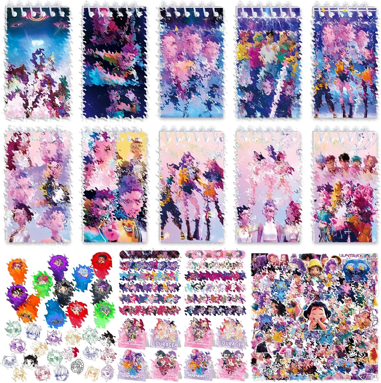 102 PCS K Pop Theme Birthday Party Favors, 10 Notepads 12 Slap Bracelets 60 Stickers 12 Stamp 8 Greeting Cards, Goodie Bags Set for Fans