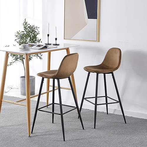 Miniatura 5 de GURLLEU Taburetes de bar de altura con patas de metal y reposapiés, juego de 2 sillas de bar tapizadas modernas de terciopelo, para cocina, comedor