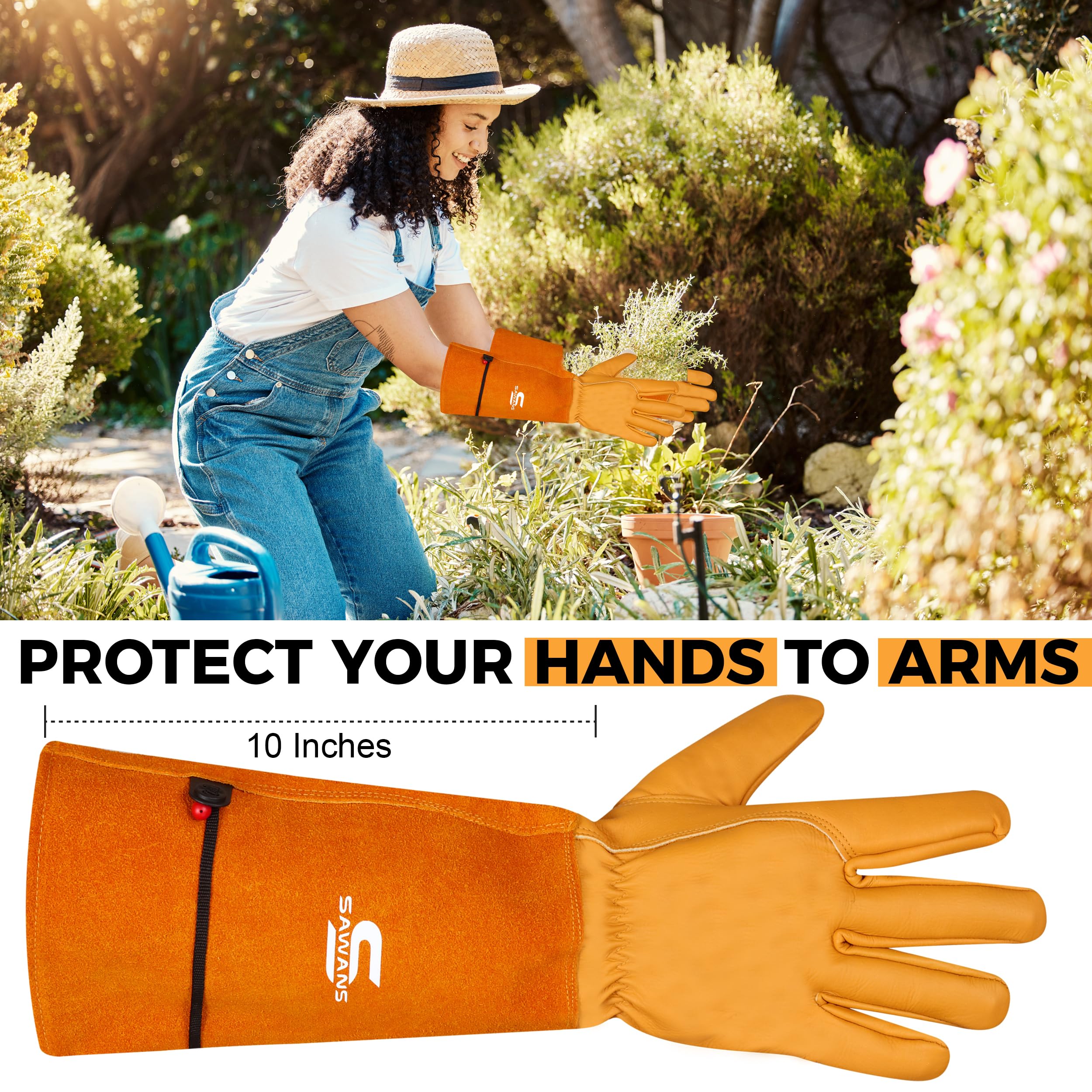 SAWANS Guanti Da Giardinaggio In Pelle Lunghi - Protezione Avambraccio Antispina, Traspiranti E Imbottiti - Ideali Per Potare Rose E Lavori All'Aperto (Uomo/Donna)
