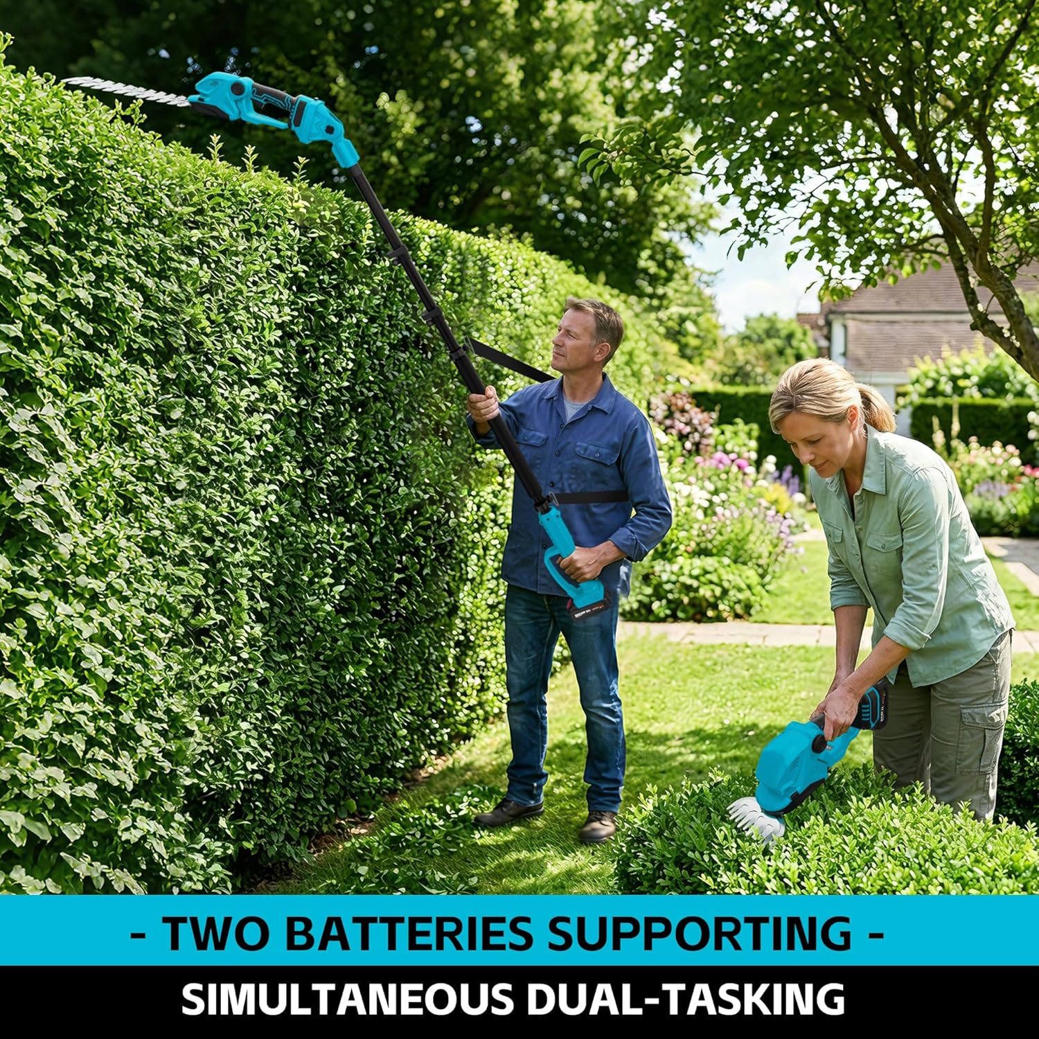 6-in-1 Pole Saw & Cordless Hedge Trimmer Combo Kit,Electric Grass Trimmer,Mini Chainsaw with 2×4.0 Ah Battery,Dual-Action Blade,Brushless Motor,8.5 ft Max Reach,for Tree Trimming/Garden/Lawn (Blue)