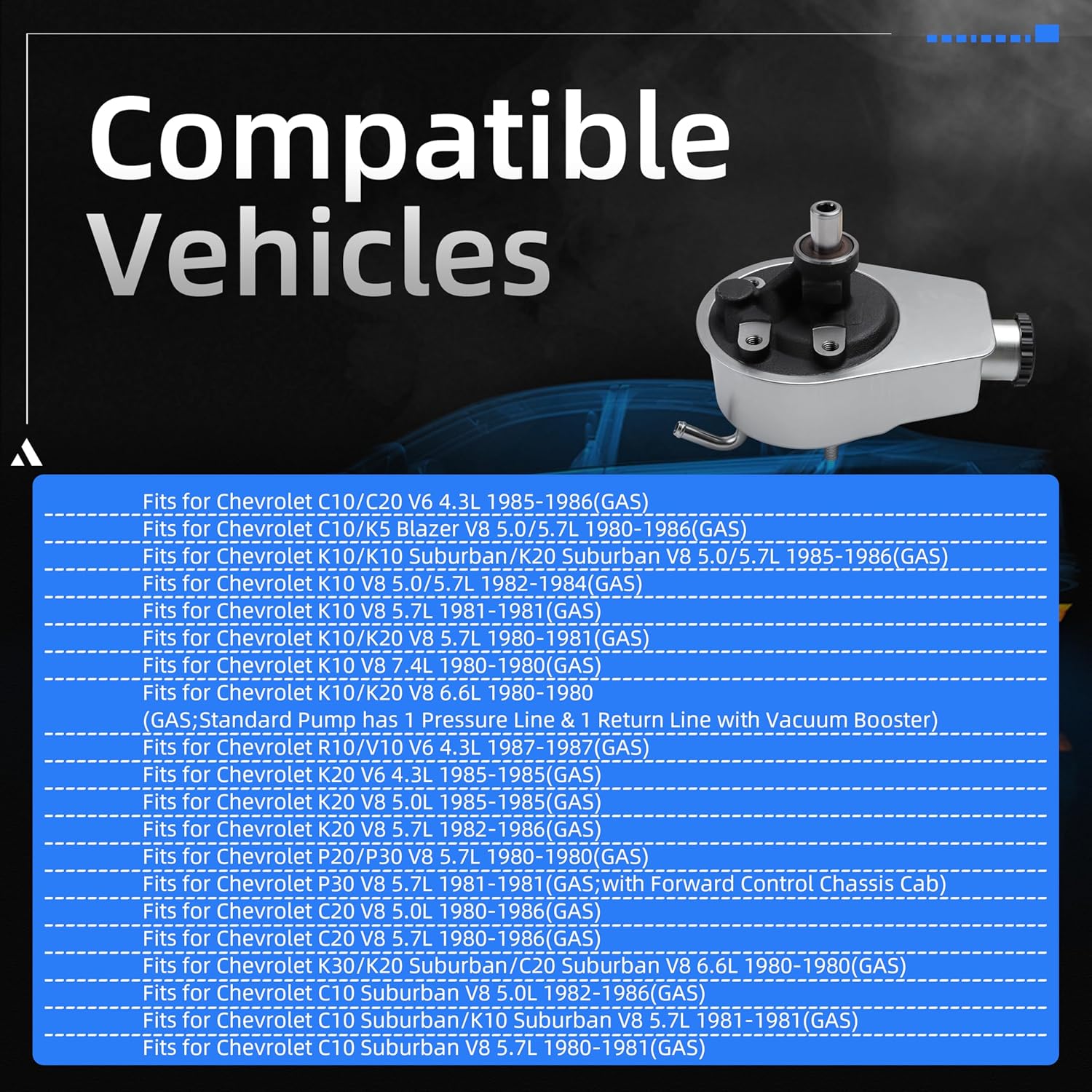 Power Steering Pump, for Chevy C10/C20/K5 Blazer/K10/K20/R10/V10/P20/P30/C20/K30/K20 Suburban/C20 Suburban/C10 Suburban/K10 Suburban 1980-1987, V6 V8 4.3/5.0/5.7/6./7.4L, 20-7920