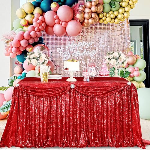 Miniatura 5 de Falda de mesa de lentejuelas rojas de 9 pies para mesa redonda rectangular cuadrada para fiesta, boda, cumpleaños