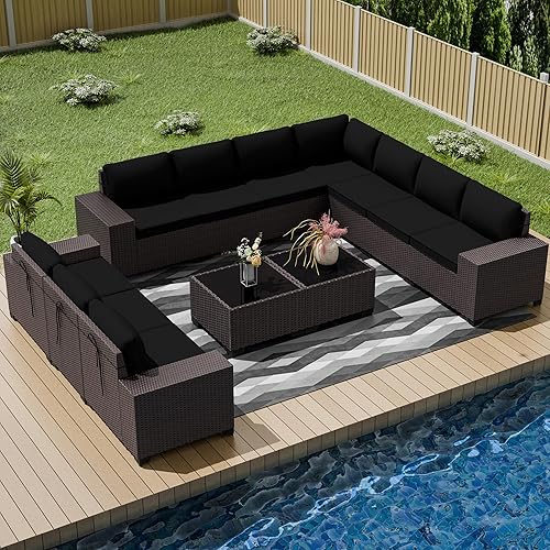 Outdoor Patio Furniture Set, 12 Pieces Outdoor Furniture All Weather Patio Sectional Sofa PE Wicker Modular Conversation Sets with Coffee Table,10 Chairs & Seat Clips(Black)